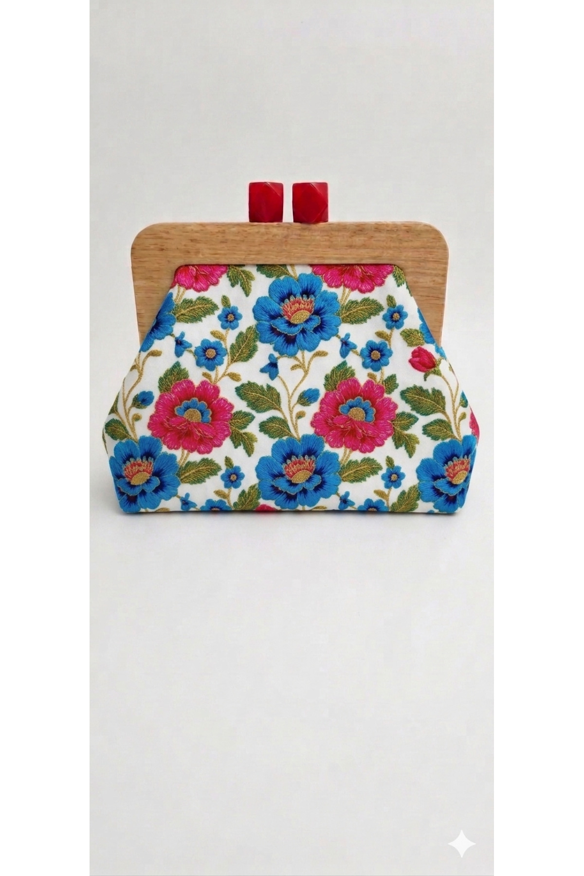 handedizayn Kır Çiçekli Desenli Ahşap Burslu Zincir Askılı Clutch Omuz Çantası