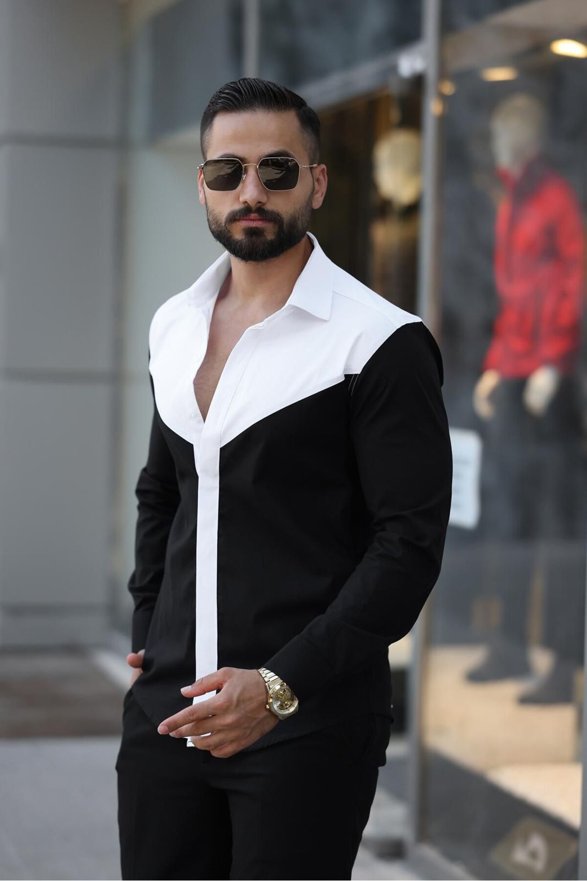 BAYIM Siyah Beyaz V Blok Renk Geçişli Slim Fit Uzun Kollu Likralı Erkek Gömlek