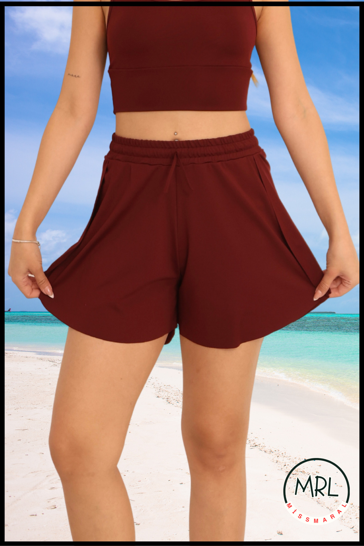 Women's Burgundy / Burgundy Shorts Form Bikini Bottom Pockets Elastic Lace-up and Side Slit