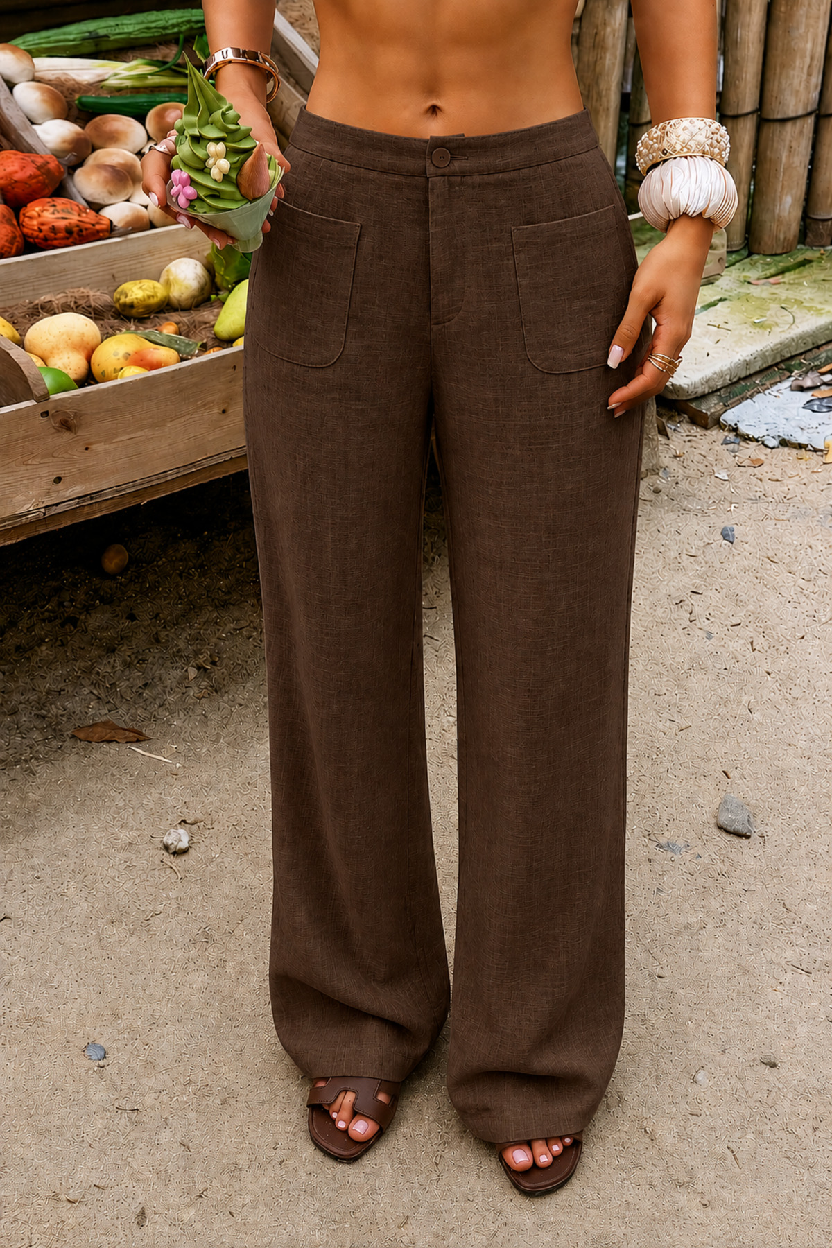 COOL TARZ  Kadın Geniş Paça Pantolon Ön Cepli Rahat Kalıp Keten Günlük ve Şık Pantolon