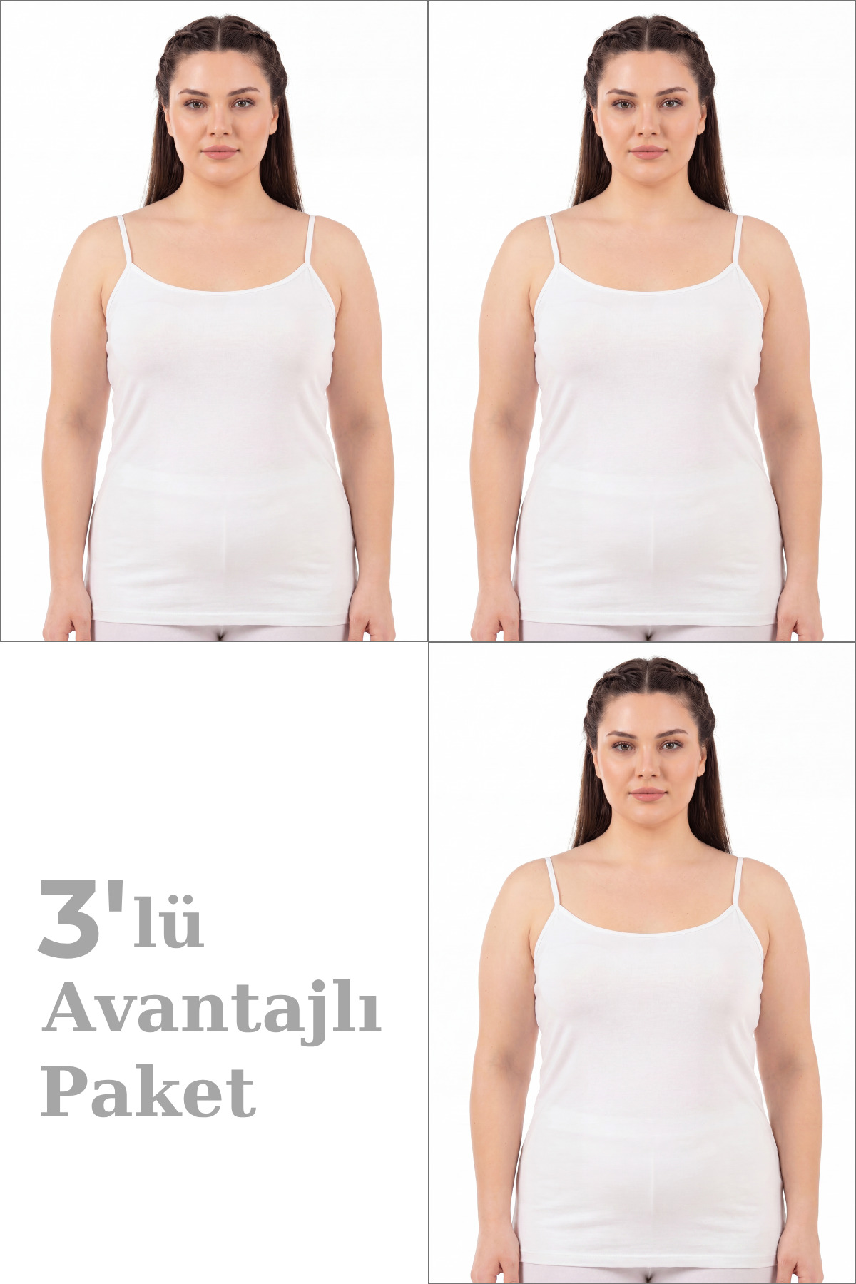 Arma Yıldız Kadın Büyük Beden İp Askılı Atlet Pamuklu Likralı Yumuşak Esnek Kumaş 3'lü Paket