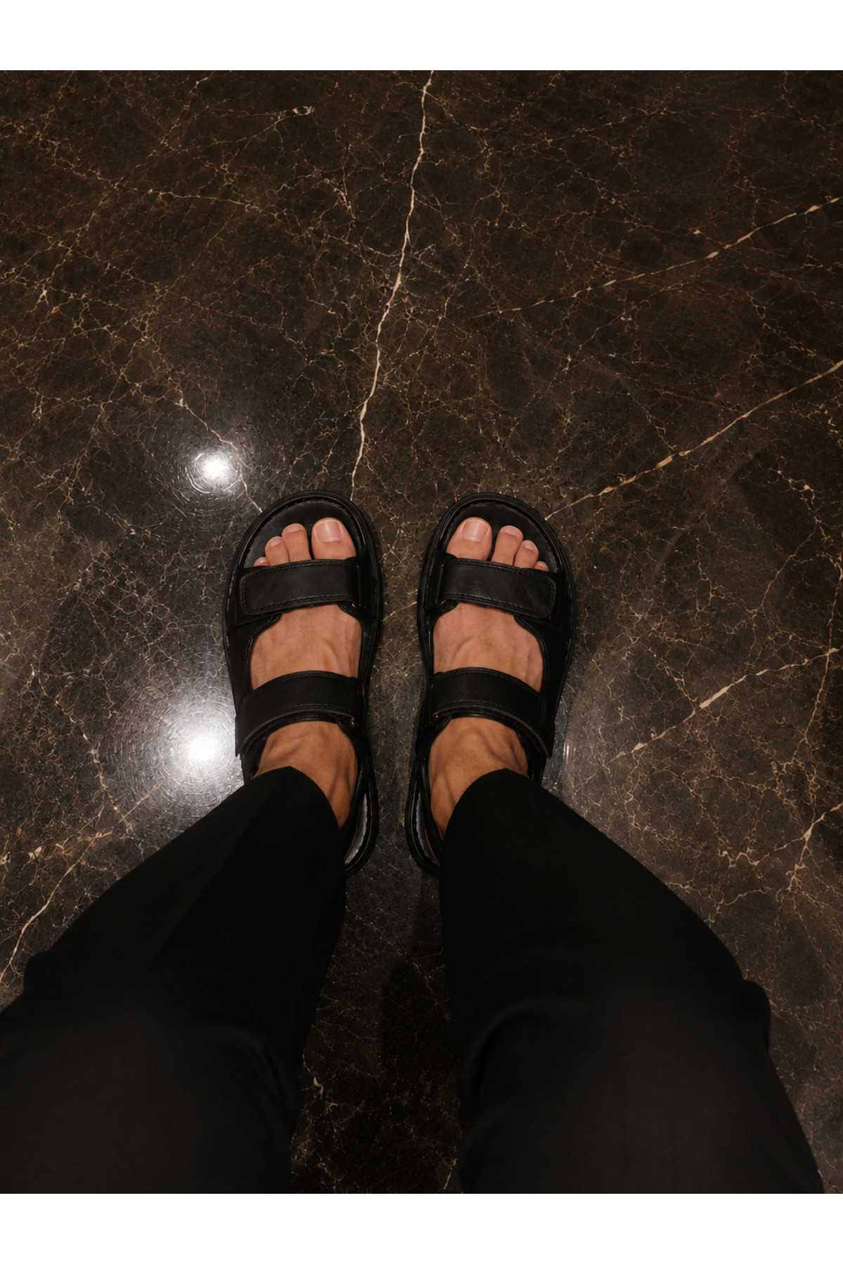 Cooka Shoes Erkek Siyah Cırt Cırtlı Hakiki Deri Günlük Sandalet Ortopedik Rahat Yazlık
