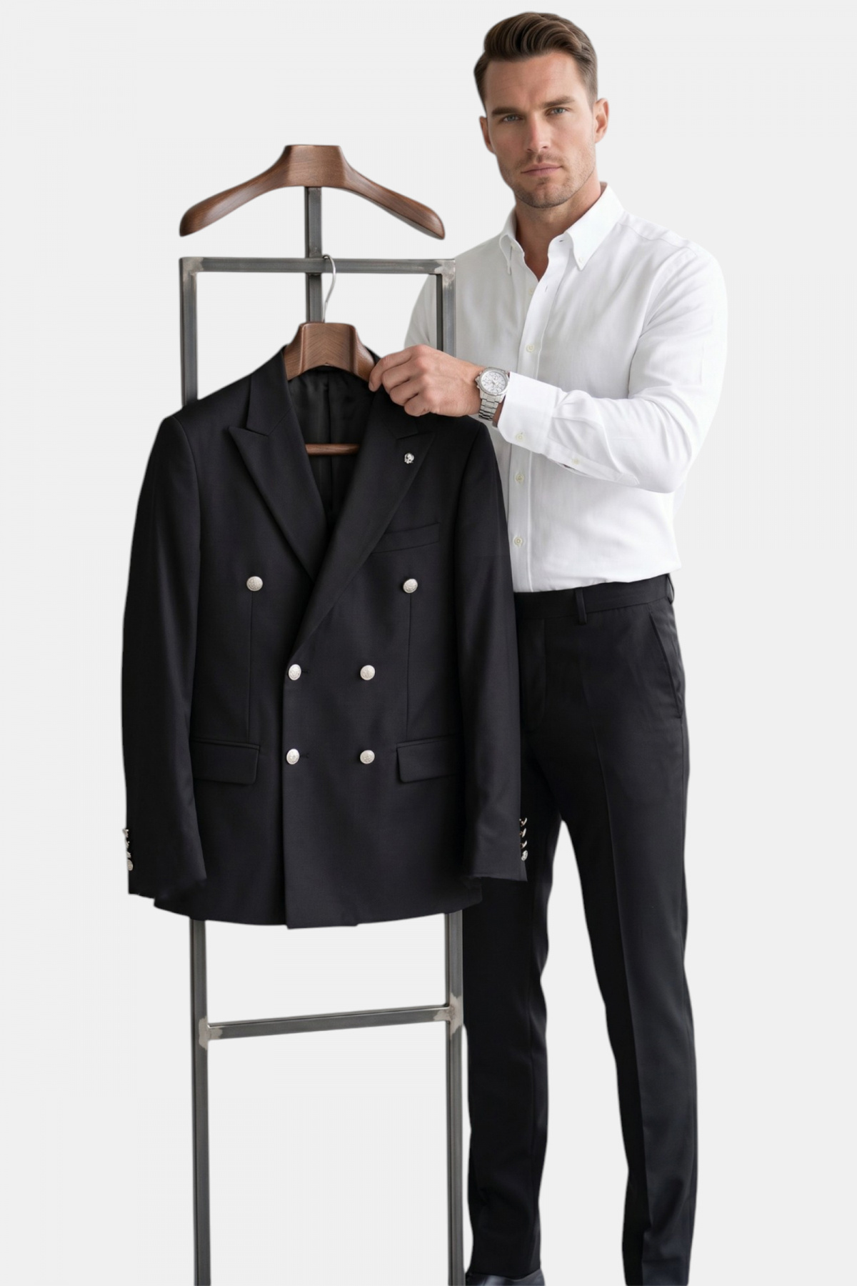Erkek Siyah Slim Fit Kruvaze Takım Elbise Likralı Çizgili Dokulu Metal Düğmeli 2600820 — مشکی OWEEY2600820 — تصویر 5 از 8