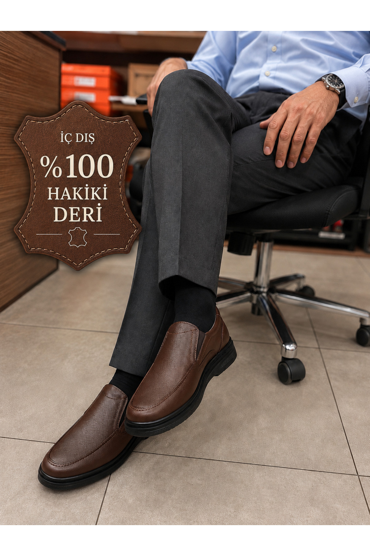 Erkek Kahverengi Hakiki Deri Ortopedik Günlük Klasik Baba-Ofis Ayakkabısı – İç Dış %100 Hakiki Deri