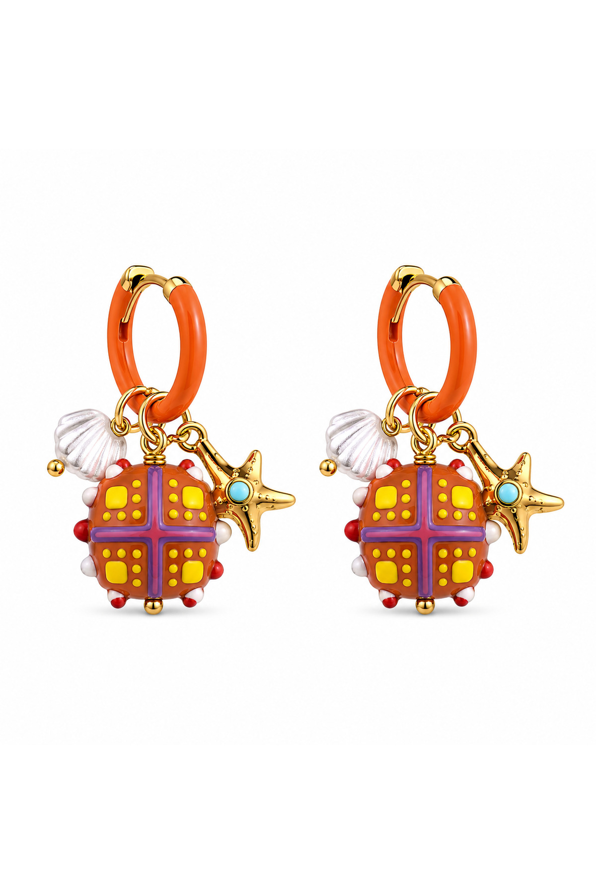 Colorful Ring Earrings with Steel Enamel Starfish and Shell Figure