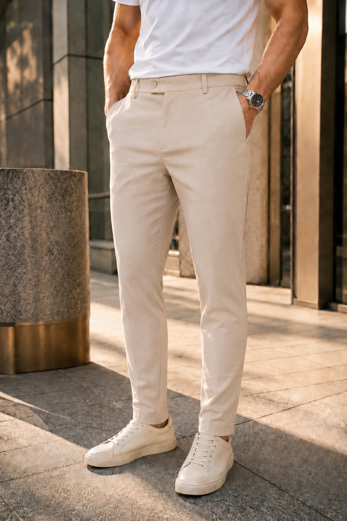 Ser Joven Men's Beige Slim Fit Stretch Fabric Side Pocket Ankle-Length Plain Fabric Trousers