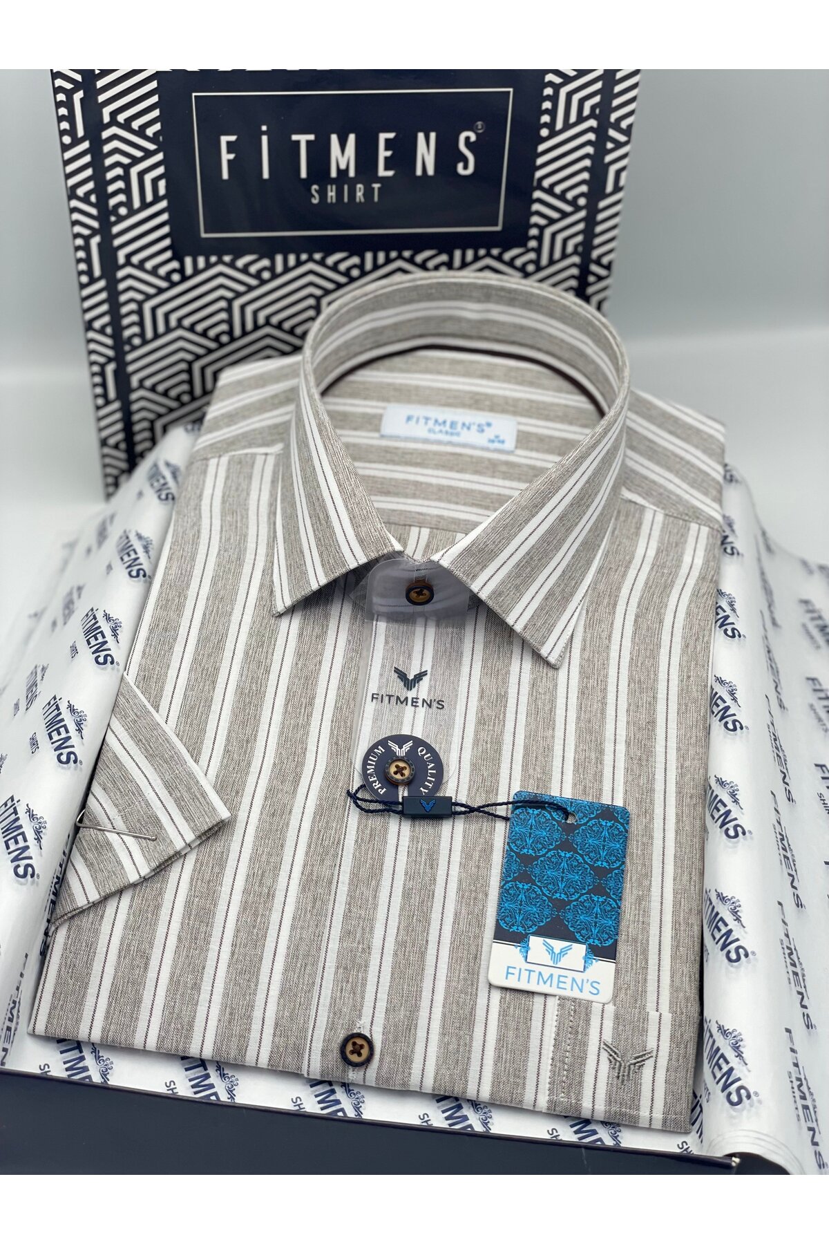 پیراهن مردانه کلاسیک آستین کوتاه کتانی نخی قابل تنفس با جعبه هدیه FS-004574 - بژ  پیراهن Fitmens