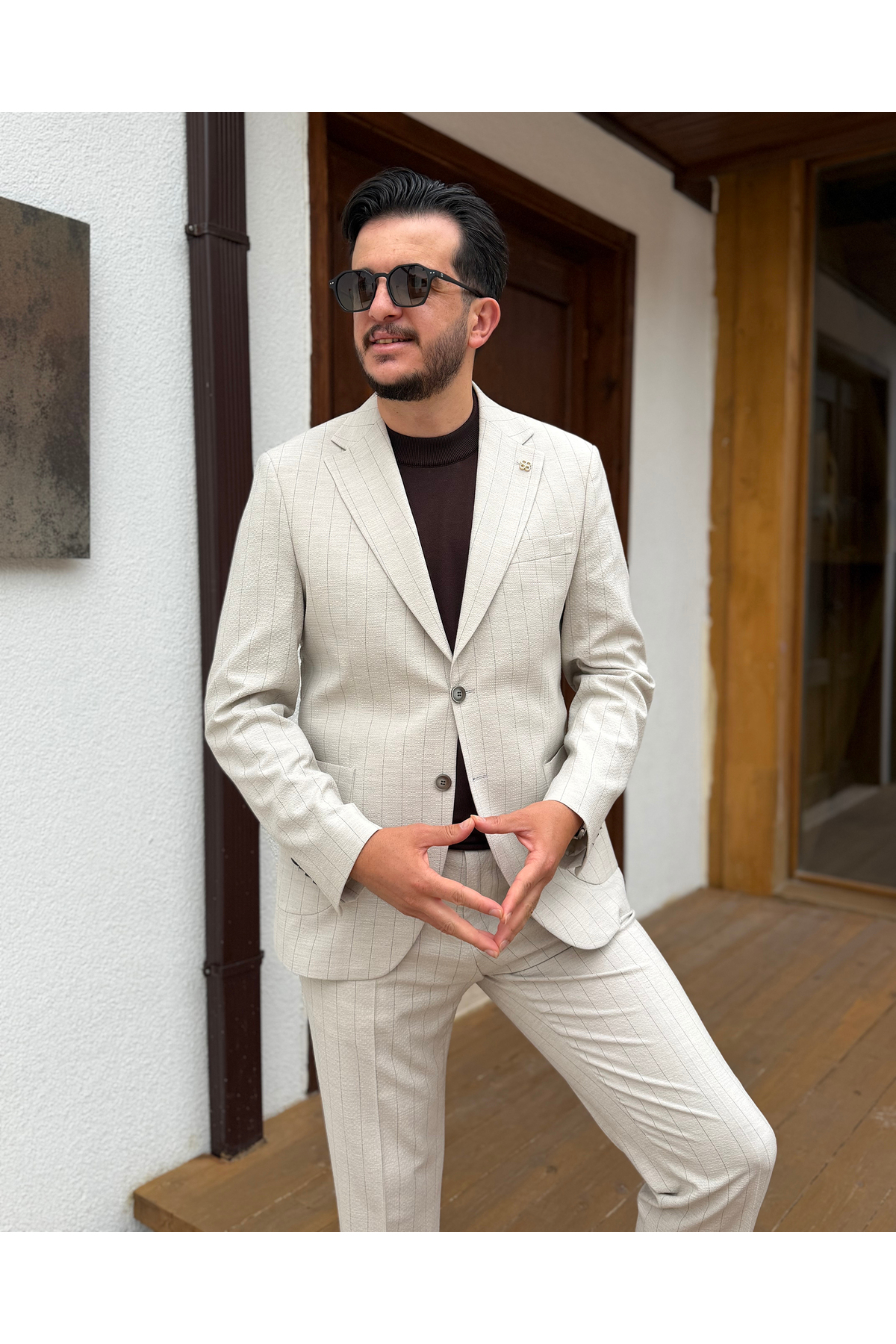 Milano Collection Riviera Çizgili Takım Elbise — بژ 01617 — تصویر 2 از 6