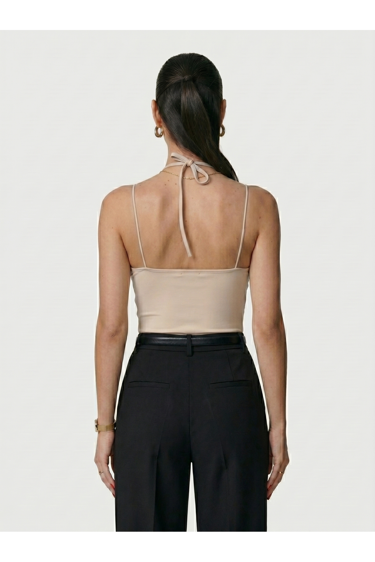 Kadın Dantel Yaka İnce Askılı Çıtçıtlı Body Slim Fit Dar Kalıp Likralı Bodysuit - Bej 4