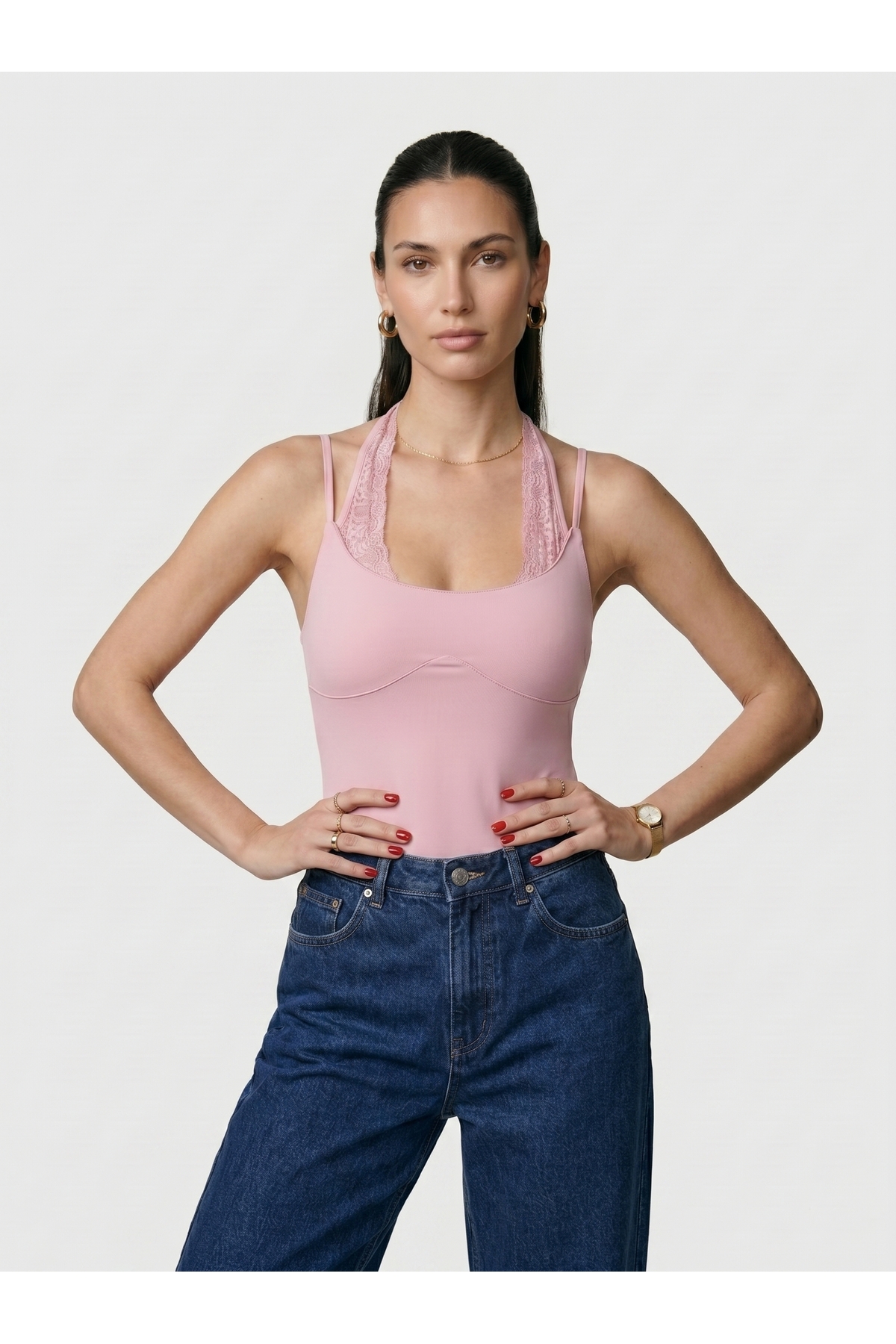 Kadın Dantel Yaka İnce Askılı Çıtçıtlı Body Slim Fit Dar Kalıp Likralı Bodysuit - Pembe