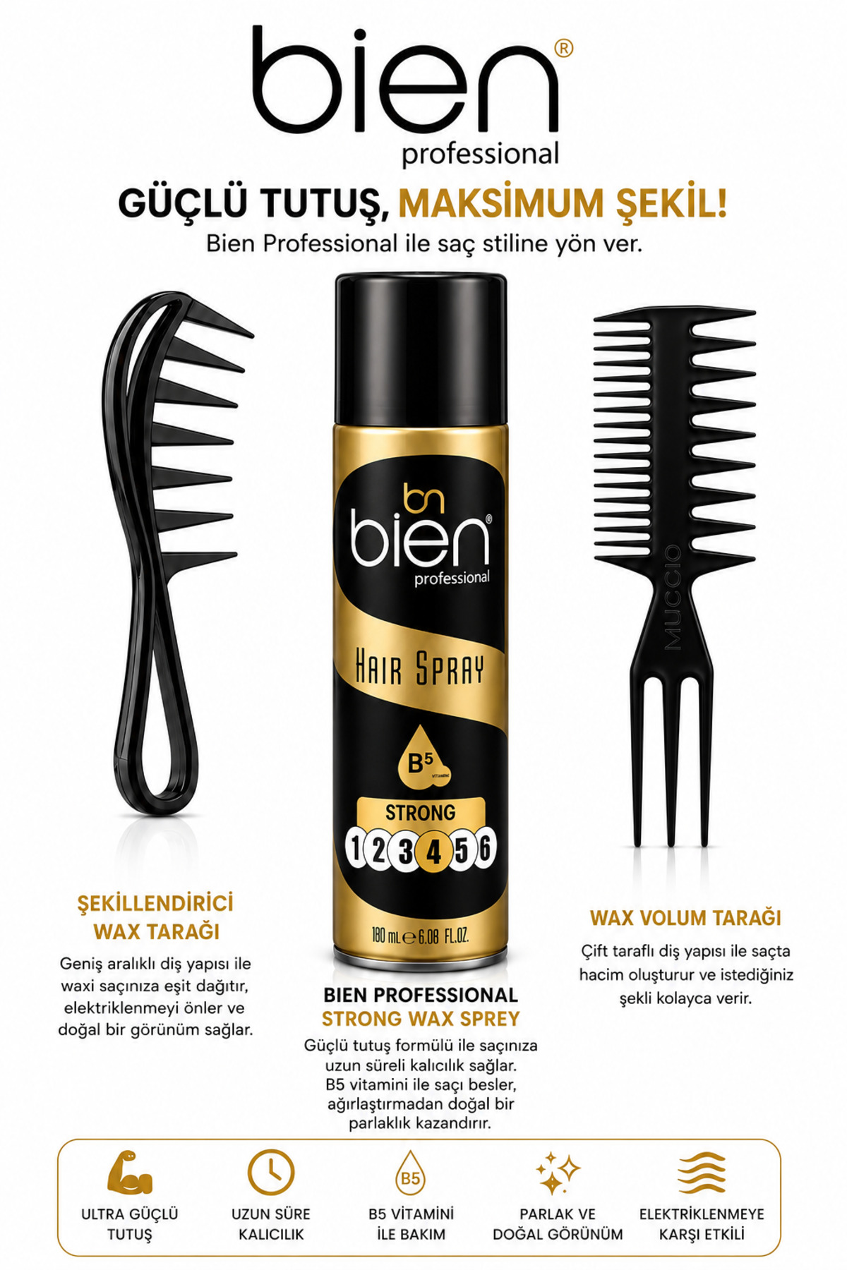 Bien Professional Güçlü Tutuş Wax Saç Spreyi 180 ml Şekillendirici Hacim Tarağı Seti — BİEN180SPREY89