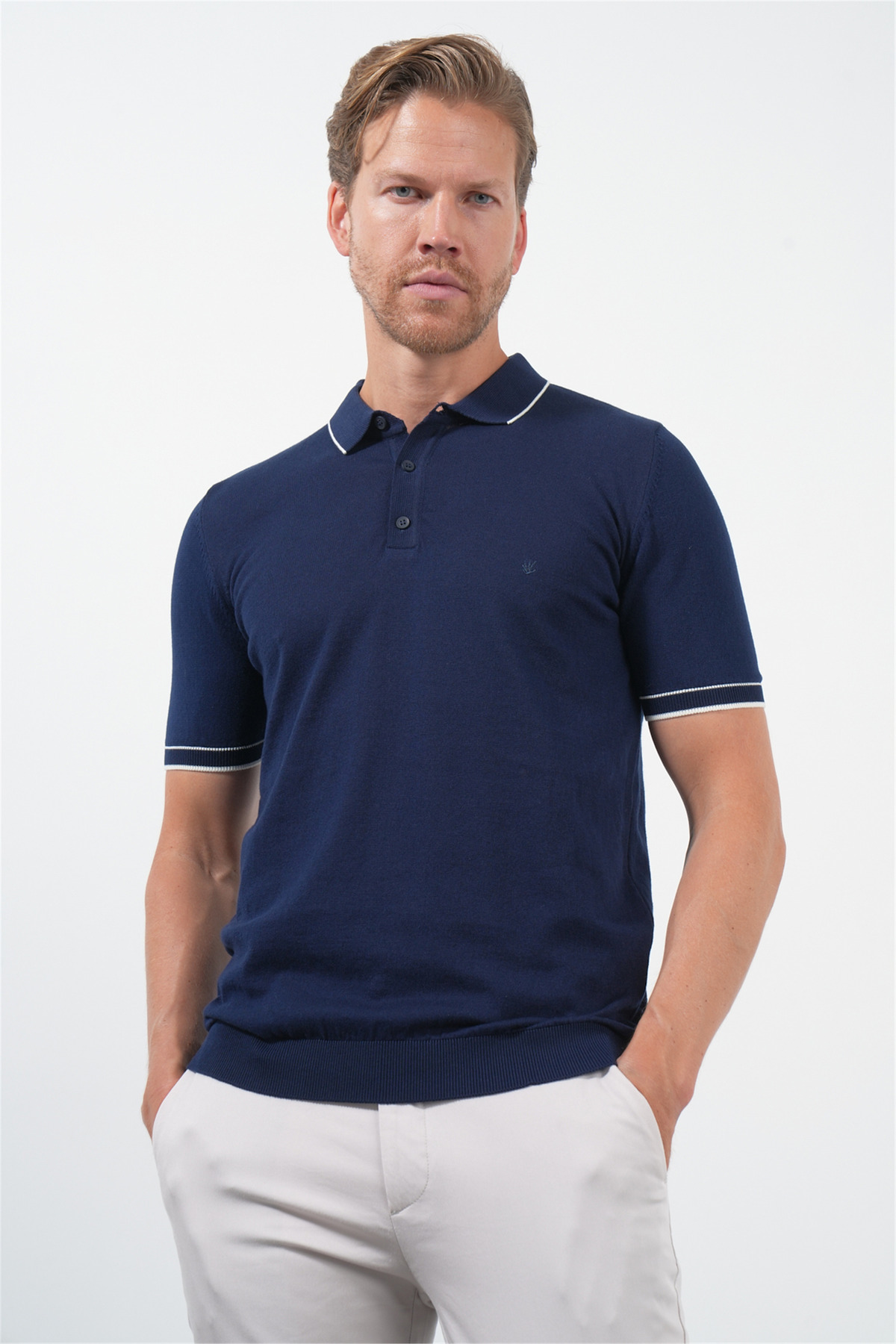 İmza Navy Blue Polo Collar Short Sleeve Knitted Comfort Fit 100% Cotton Sweater 1012260151