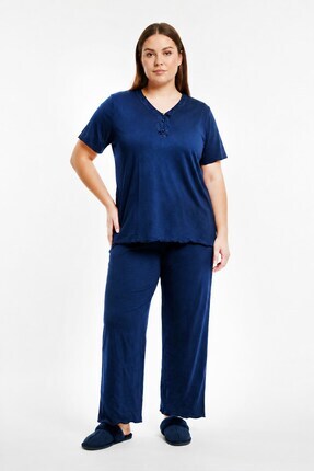 Kompedan Kadın Bambu Önü Düğmeli Yaka Dantelli Büyük Beden Kısa Kol Pijama Ta...