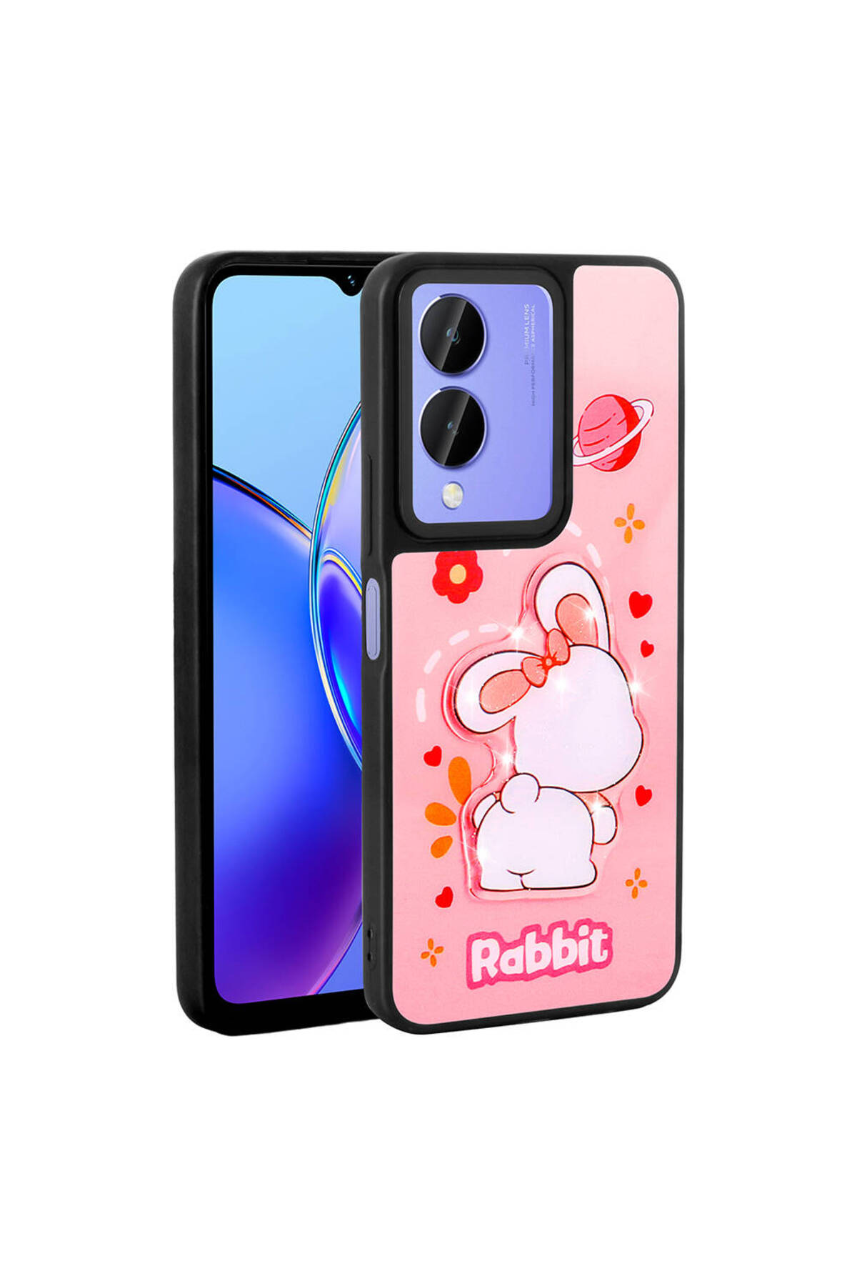 Vivo Y17S Kılıf Parlayan Kabartmalı İkonik Figürlü NVTH Amas Silikon Kapak - Pembe