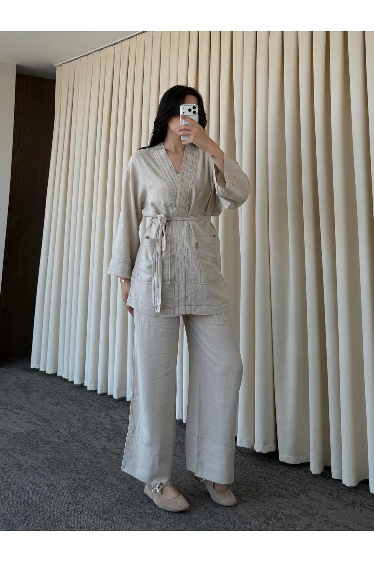My Blog Natural 100% Cotton Pocketed Belted Kimono Set