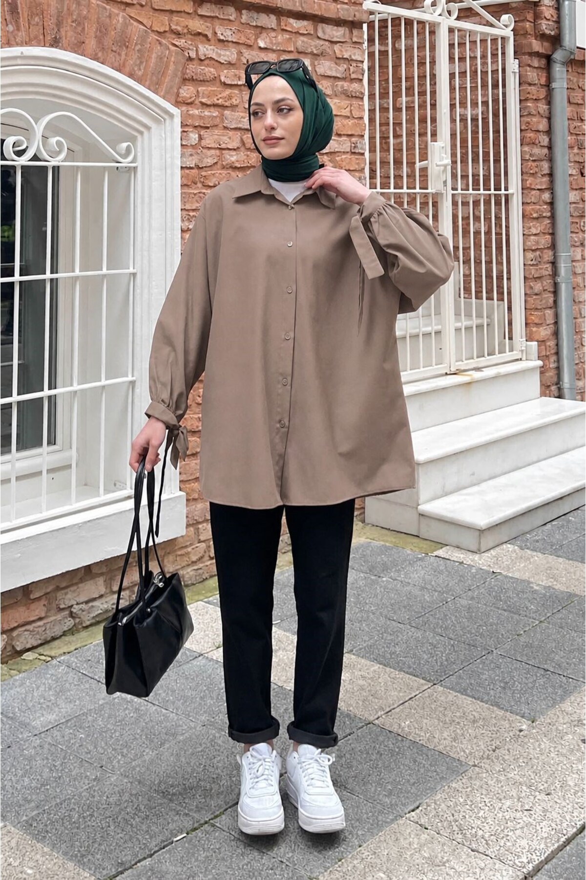lamelif Kol Detaylı Gömlek Oversize Gömlek Soft Kahve