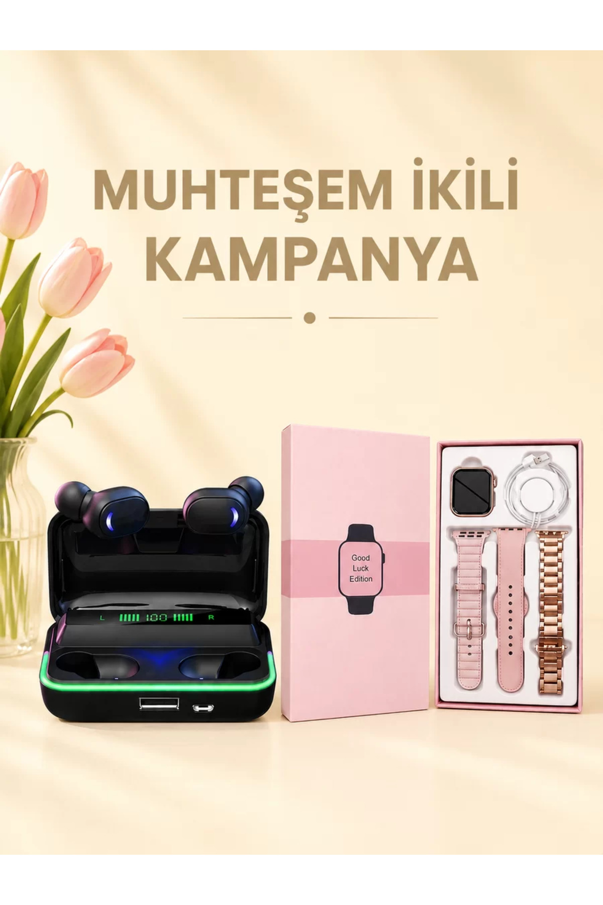 Kadınlara Özel Bileklik Hediyeli Akıllı Saat ve Dijital Göstergeli ANC Özellikli Bluetooth Kulaklık