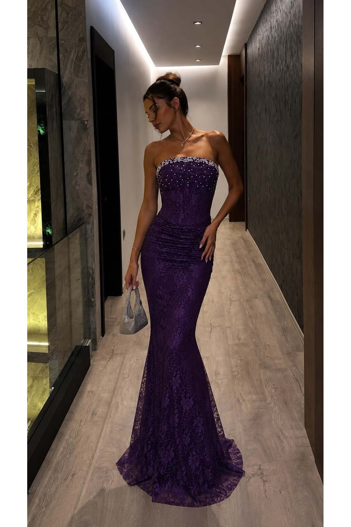 Modafeminen Purple Lace and Pearl Evening Dress 583401