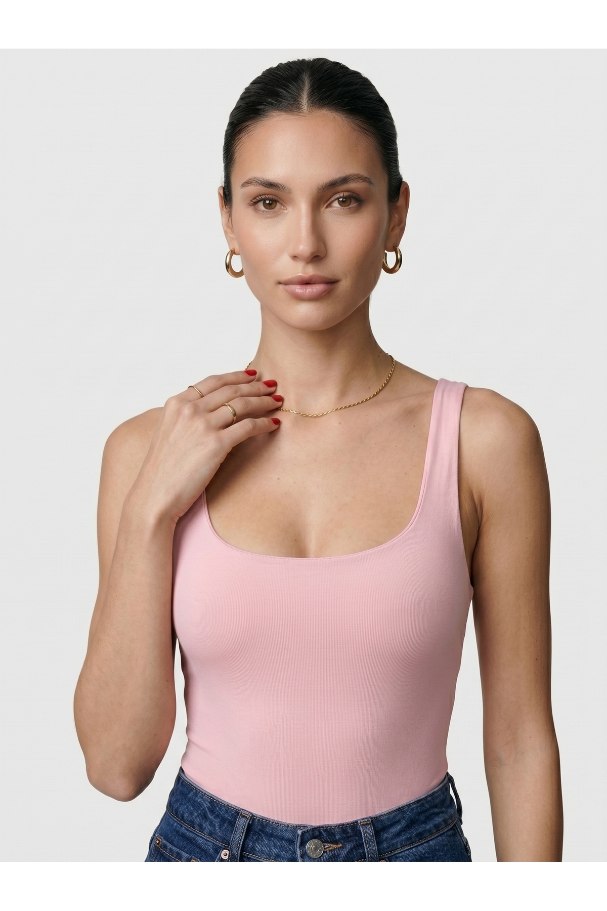 Kadın Kare Yaka Kalın Askılı Çıtçıtlı Body Slim Fit Dar Kalıp Likralı Bodysuit - Pembe 2