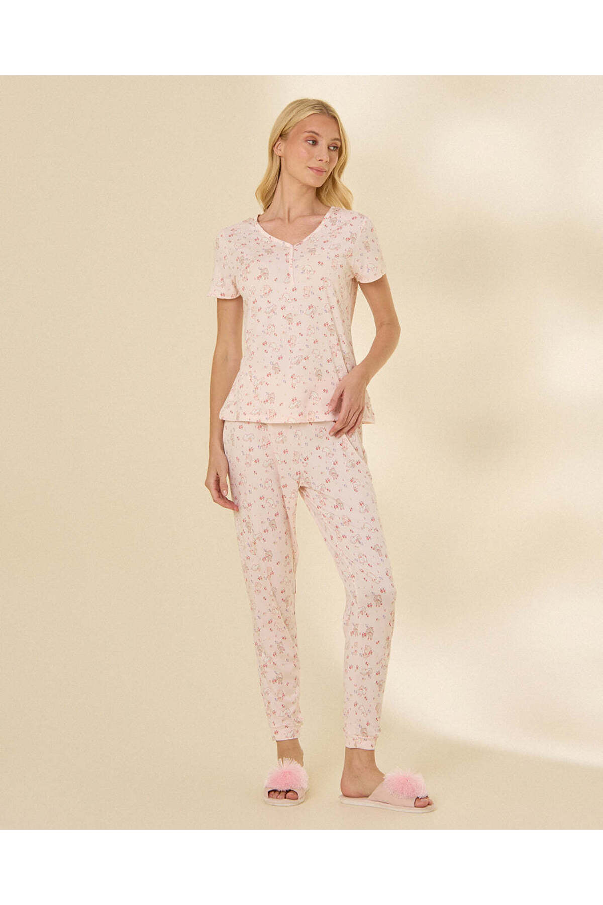 REDTAG Women's Lace Trim V-Neck Printed Pajama Set
