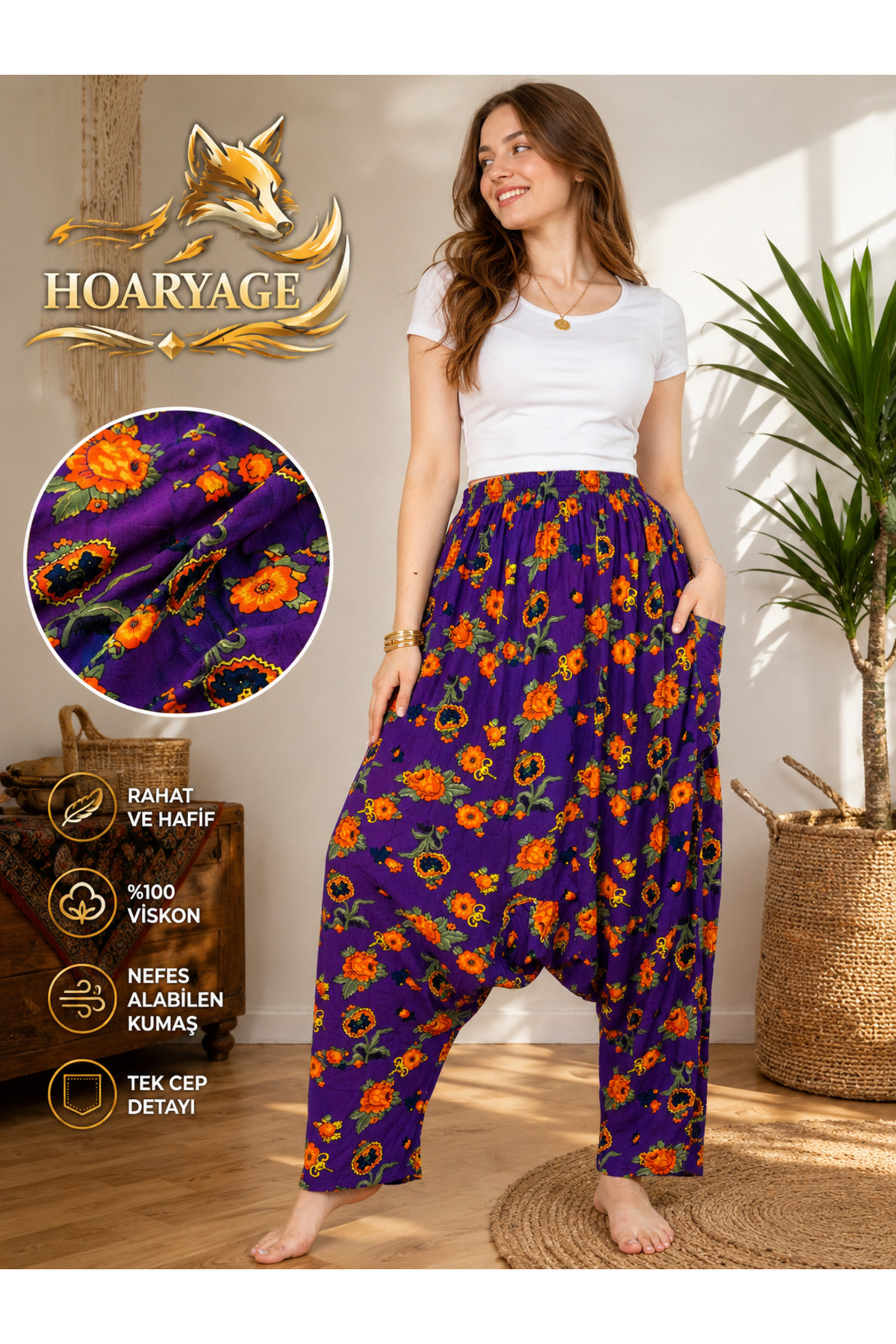 hoaryage Otantik Köy Şalvarı %100 Pamuk Viskon Çiçek Desenli Rahat Kesim Ağlı Kadın Şalvarı 38BEDEN 100 KG
