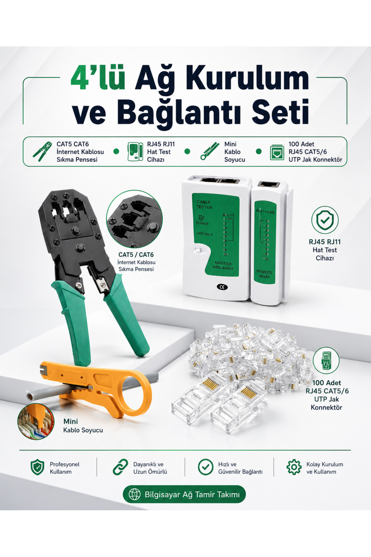 4lü Ağ Kurulum ve Bağlantı Seti - CAT5 CAT6 İnternet Kablosu Sıkma Pensesi, RJ45 RJ11 Hat Test Cihazı, Mini Kablo Soyucu ve 100 Adet RJ45 CAT5/6 UTP Jak Konnektör - Bilgisayar Ağ Tamir Takımı