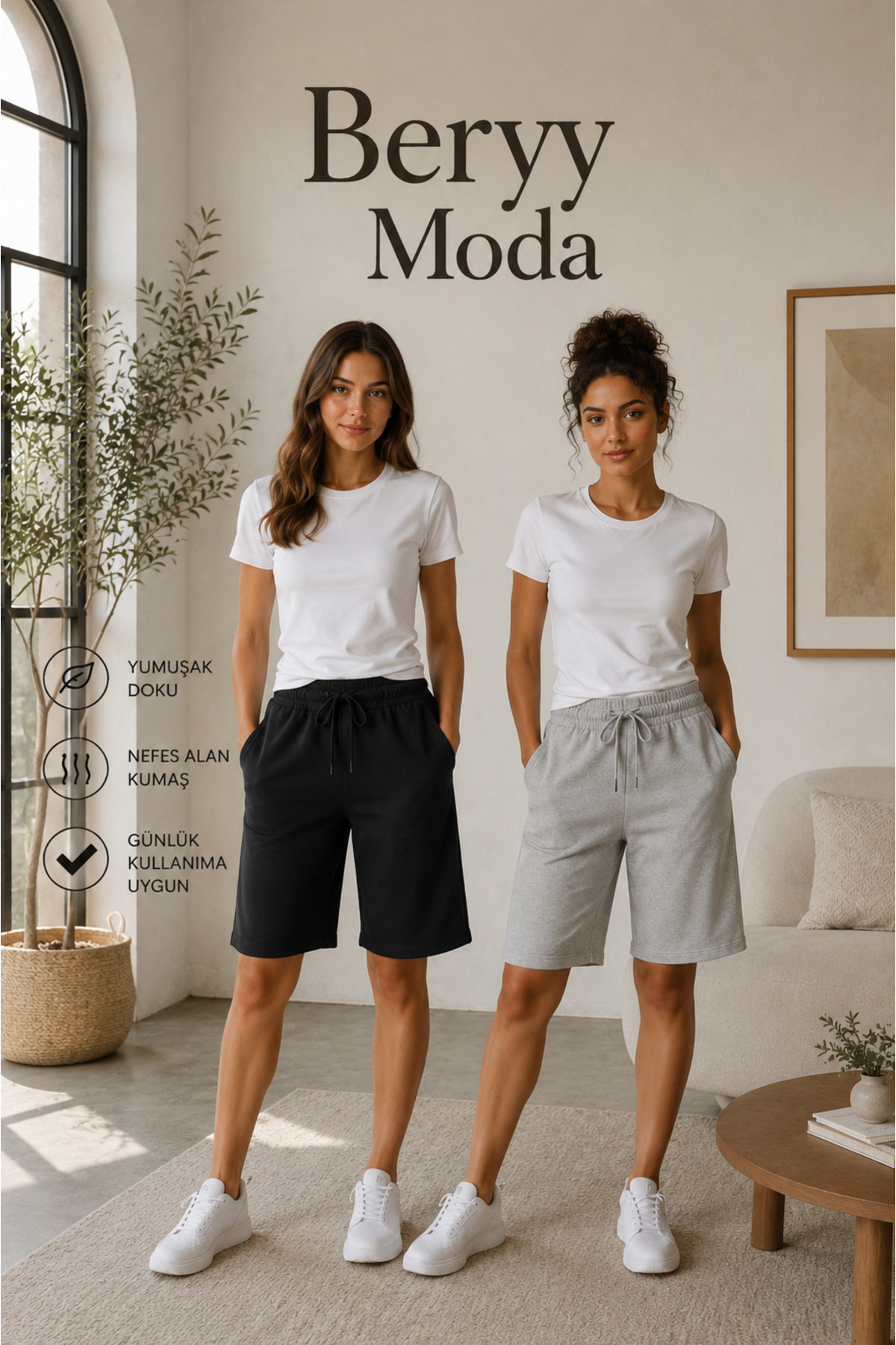 BERYY MODA Dvostruki crni i sivi set muških šortsa, opuštenog kroja, širokih ...