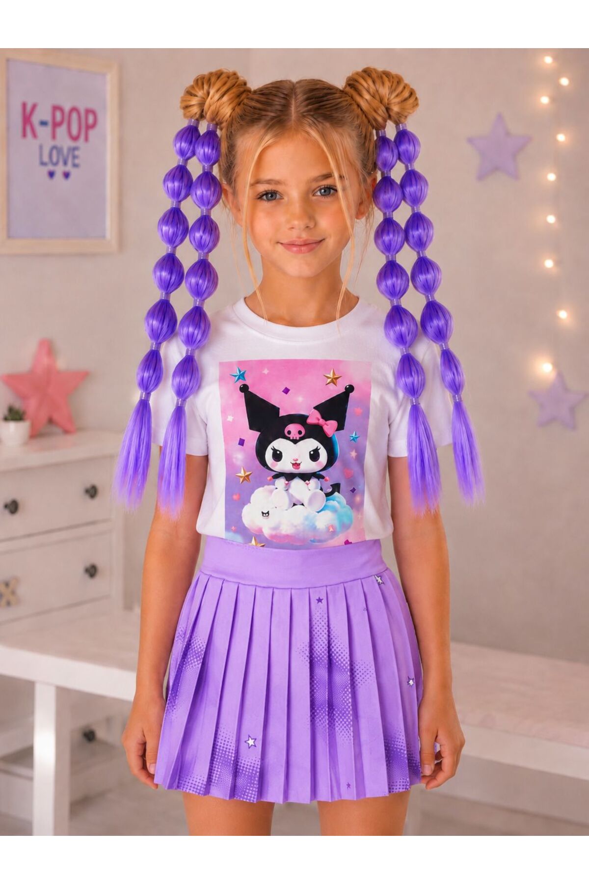 bemora kids kuromi tişört siyah şort etek yüz taşı kuromi mor
