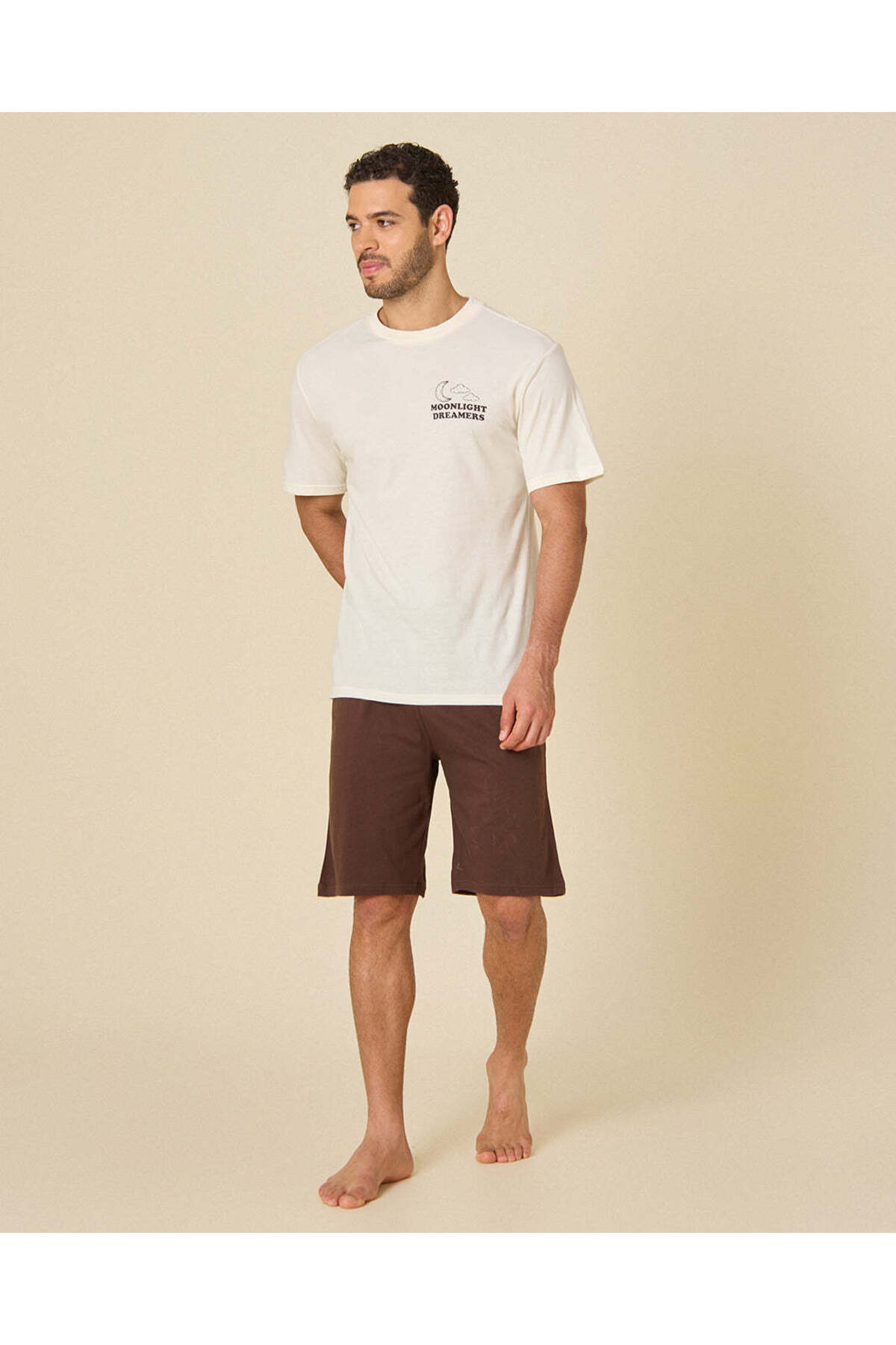 REDTAG Men White T-Shirt and Brown Shorts Pyjama Set