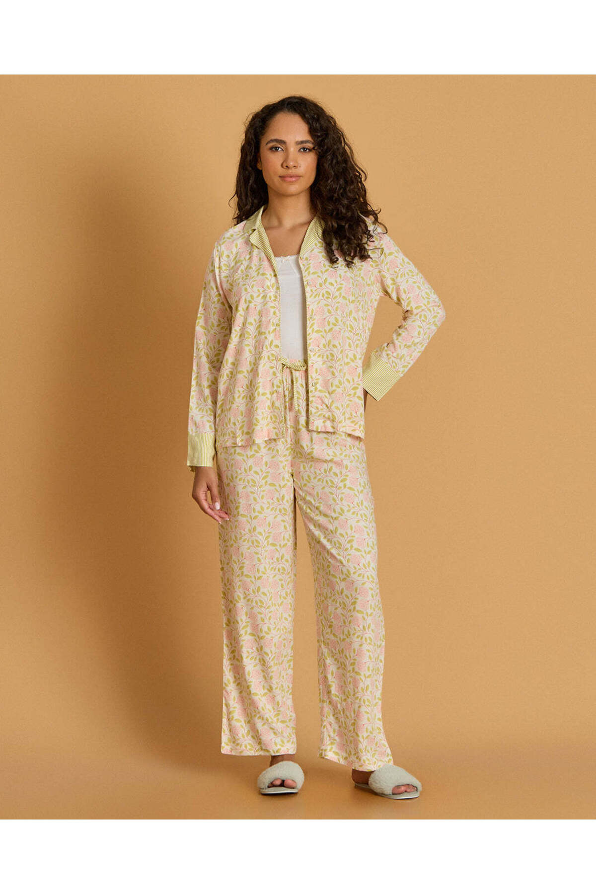 REDTAG Women Cream And Yellow Printed Pyjama Set