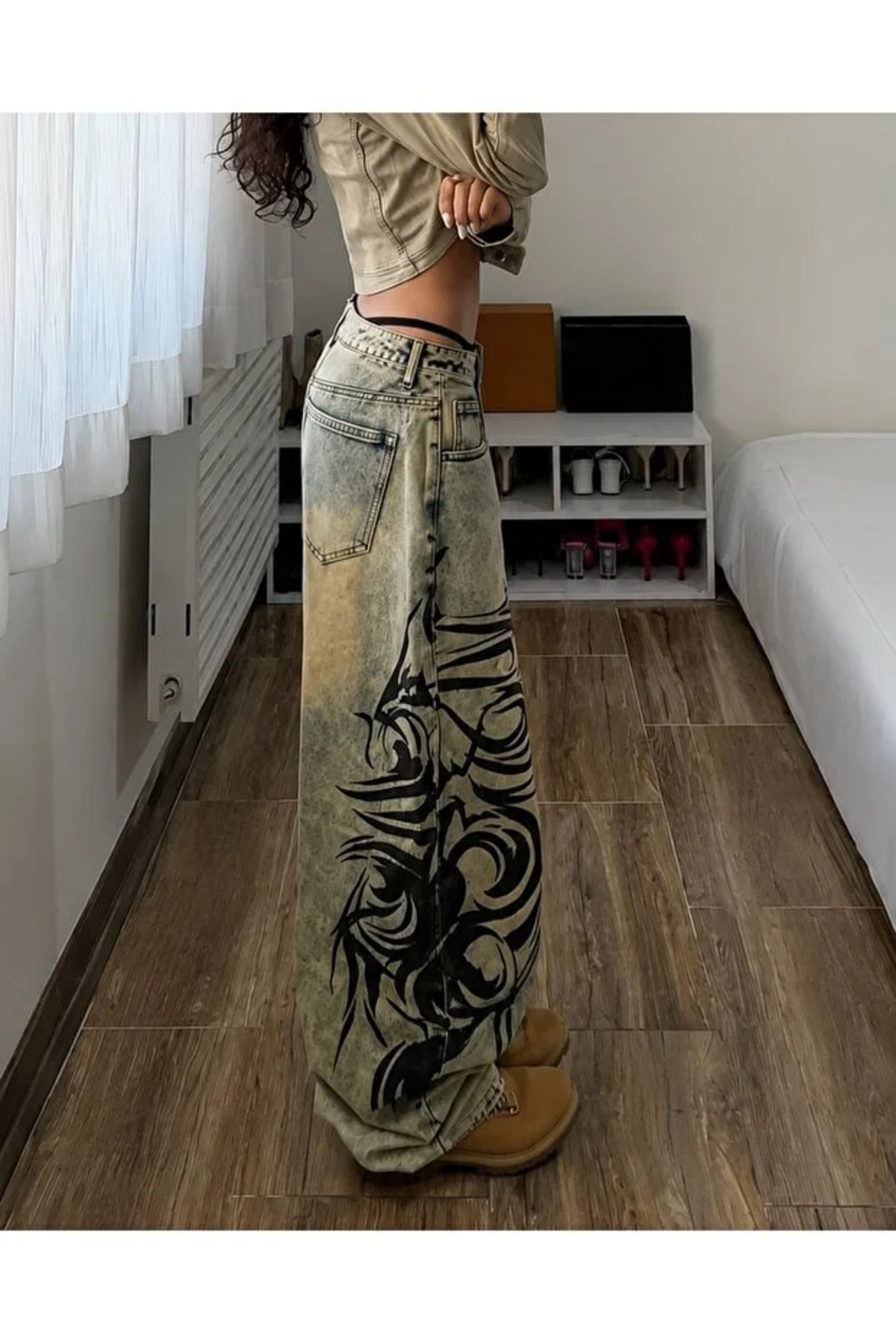 Bravebell Yıkamalı Tint Dragon Detail Baggy Unisex Jean görsel 2
