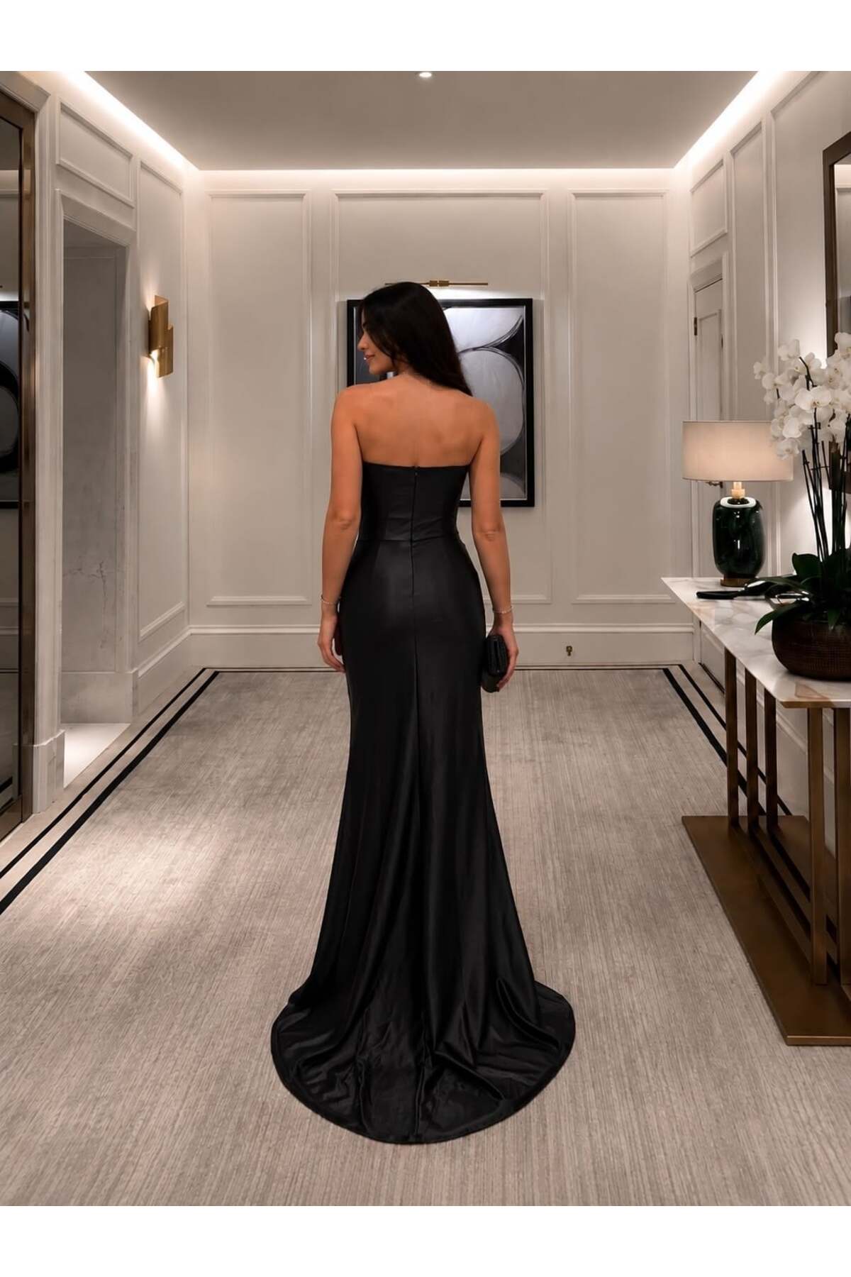 Modafeminen Siyah İp Askılı Boncuk İşlemeli Korsajlı Yırtmaçlı Abiye Elbise 583402 görsel 4