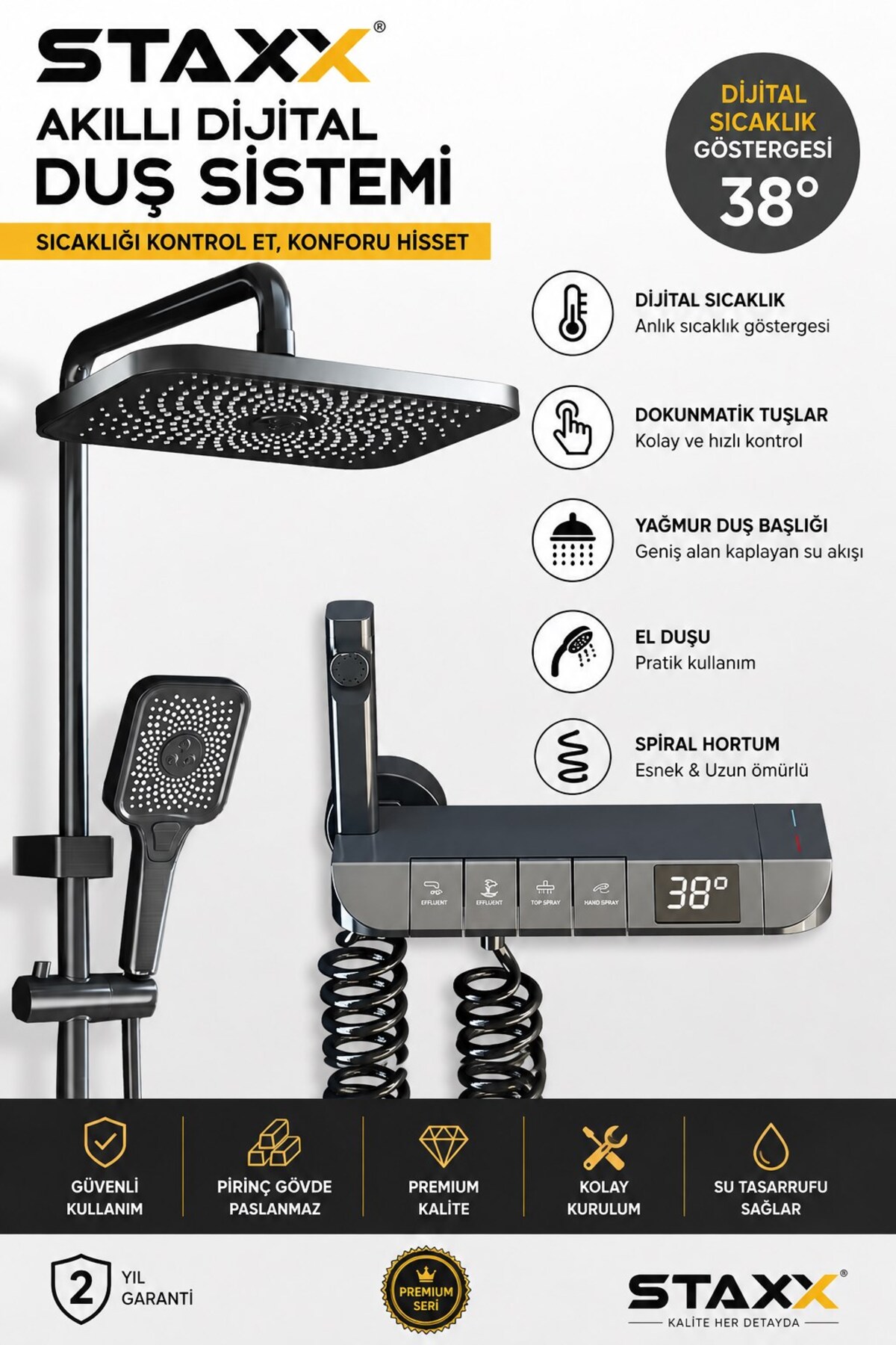 STAXX POWER Yeni Model Led Piano 5 Fonksiyonlu Kendinden Banyo Bataryalı Dijital Akıllı Robot Duş Başlığı