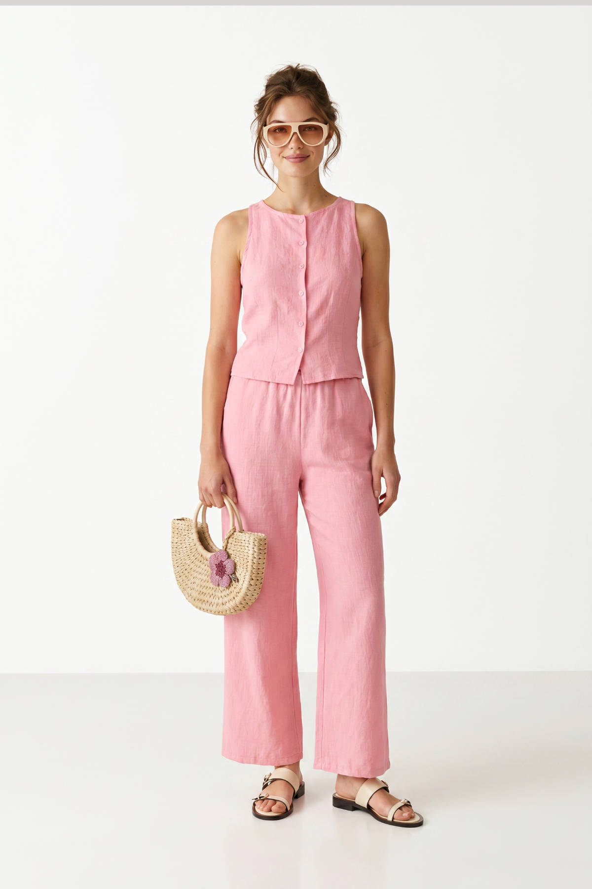 Linen Look Vest Pants Set LAZ0010 PINK