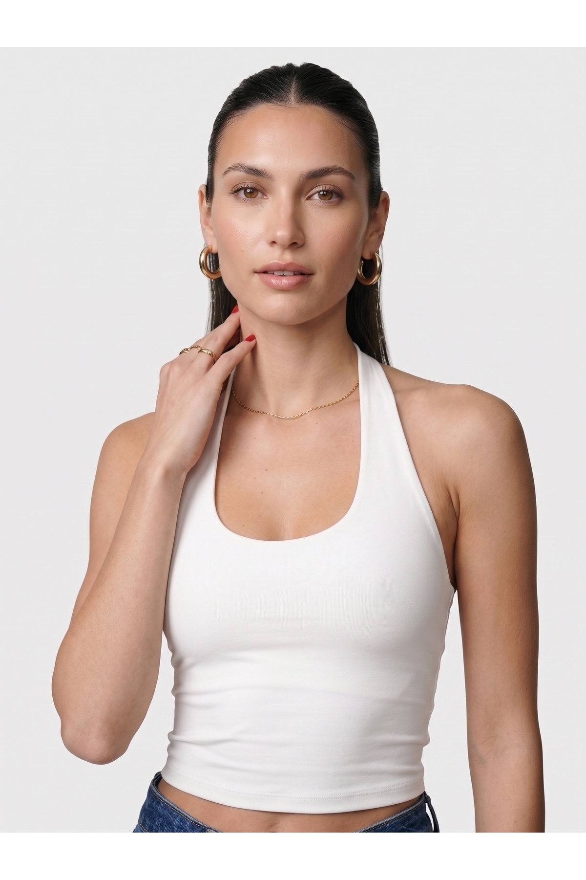 Kadın Halter Yaka Dar Kalıp Sırt Dekolteli Slim Fit Basic Body - Beyaz 2
