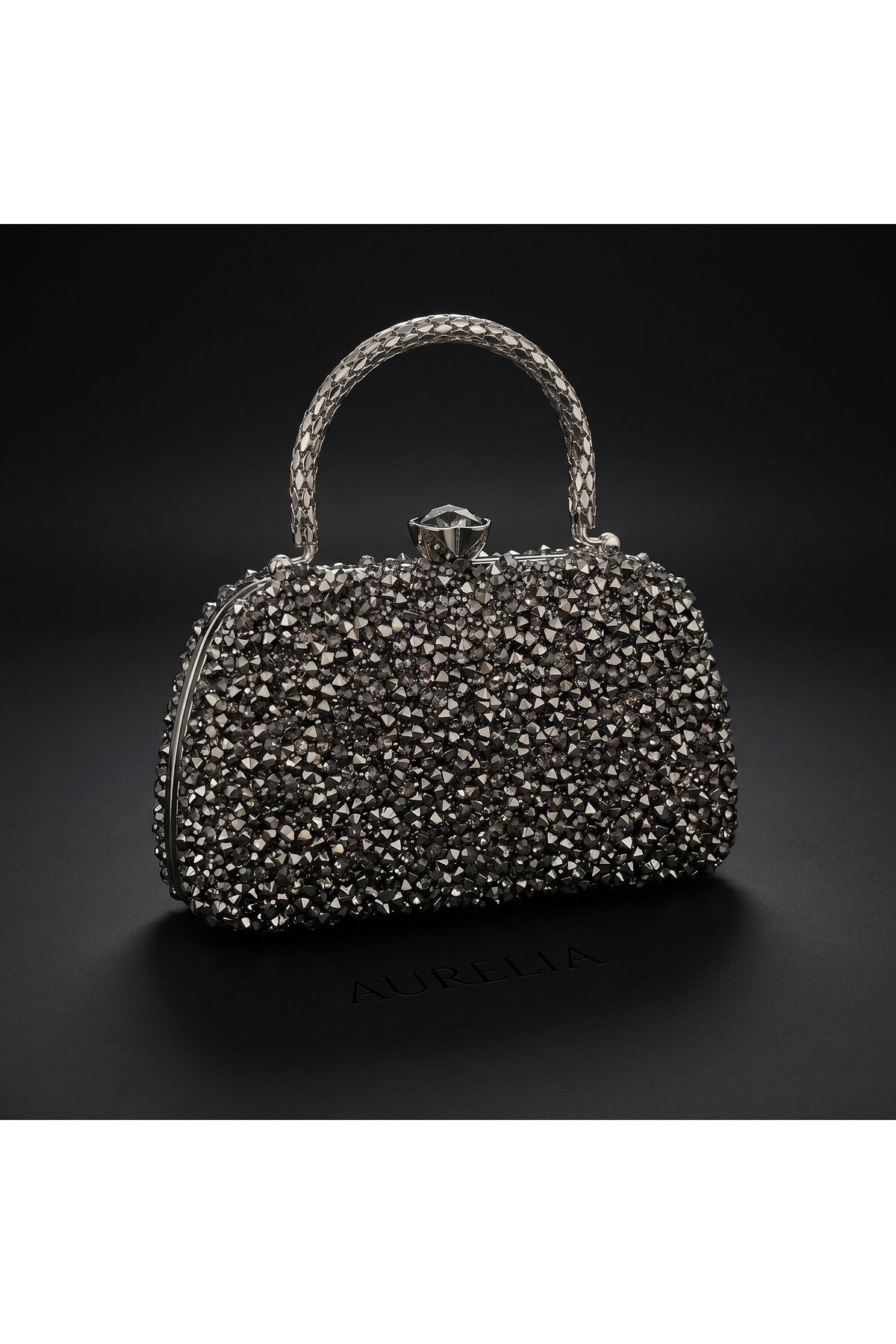 Dilora Kadın Antrasit (Gun Metal) Kristal Taşlı Abiye Çanta Clutch Portföy Zincir Askılı Düğün Nişan Gece Çantası