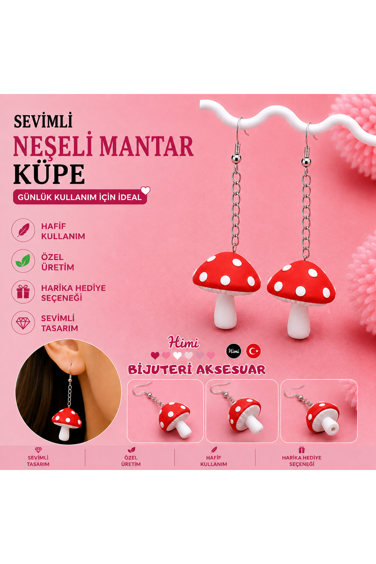 Neşeli Sevimli Kırmızı Mantar Figürlü Sallantılı Küpe Hafif Tasarım Günlük Kullanım Bijuteri Çocuk Küpesi