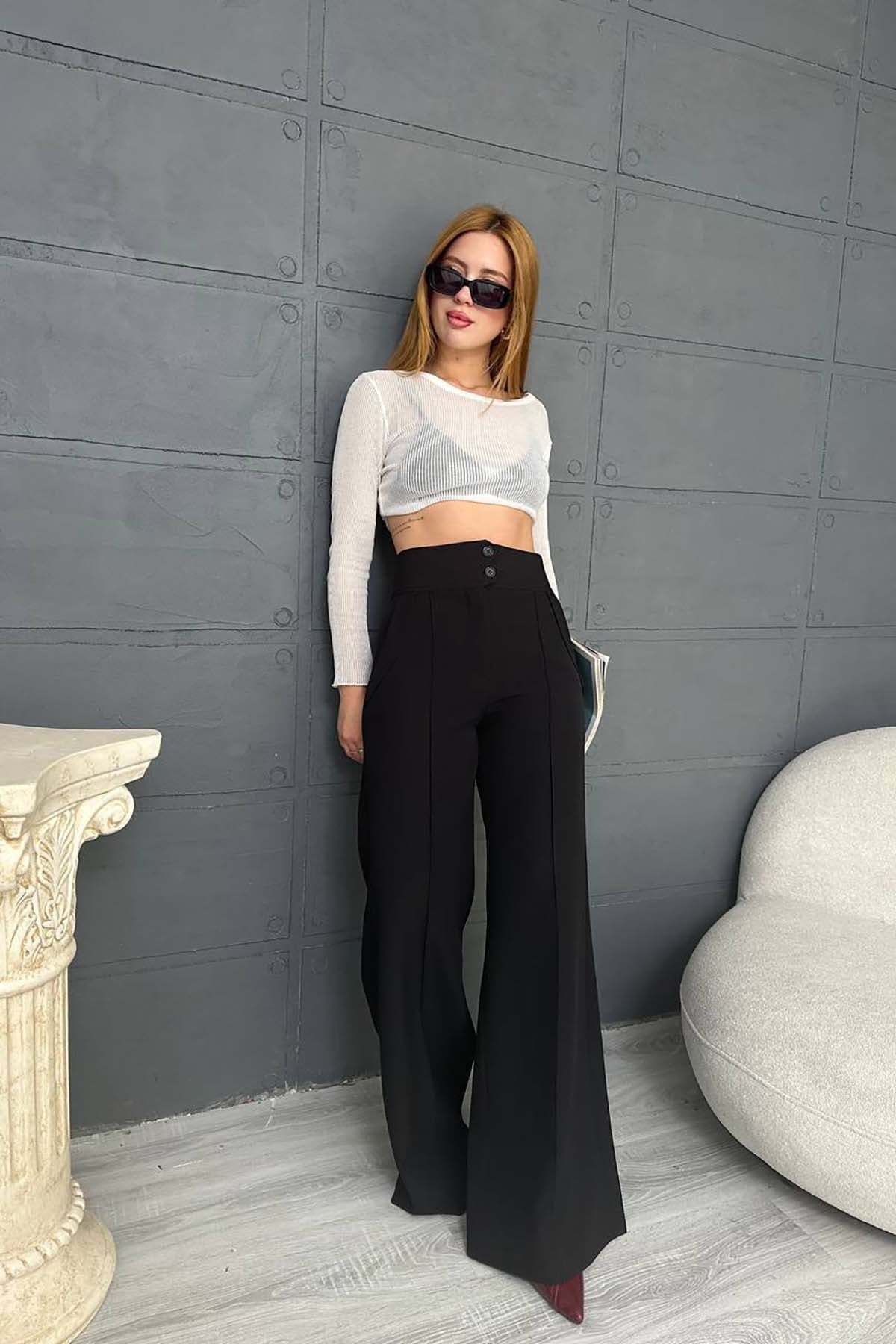 MyLoore Women's Black High Waist Button Detailed Wide Leg Fabric Trousers Mlb220