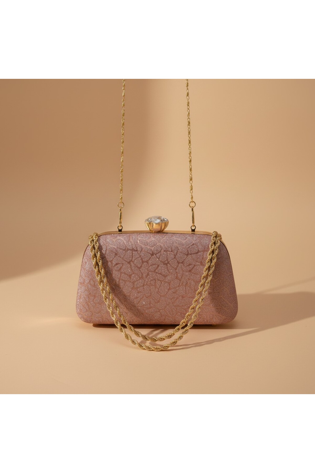 Dilora Kadın Rose Gold Dokulu Simli Abiye Çanta Kristal Taş Tokalı Gold Zincir Askılı Gece Davet Clutch El ve Omuz Çantası