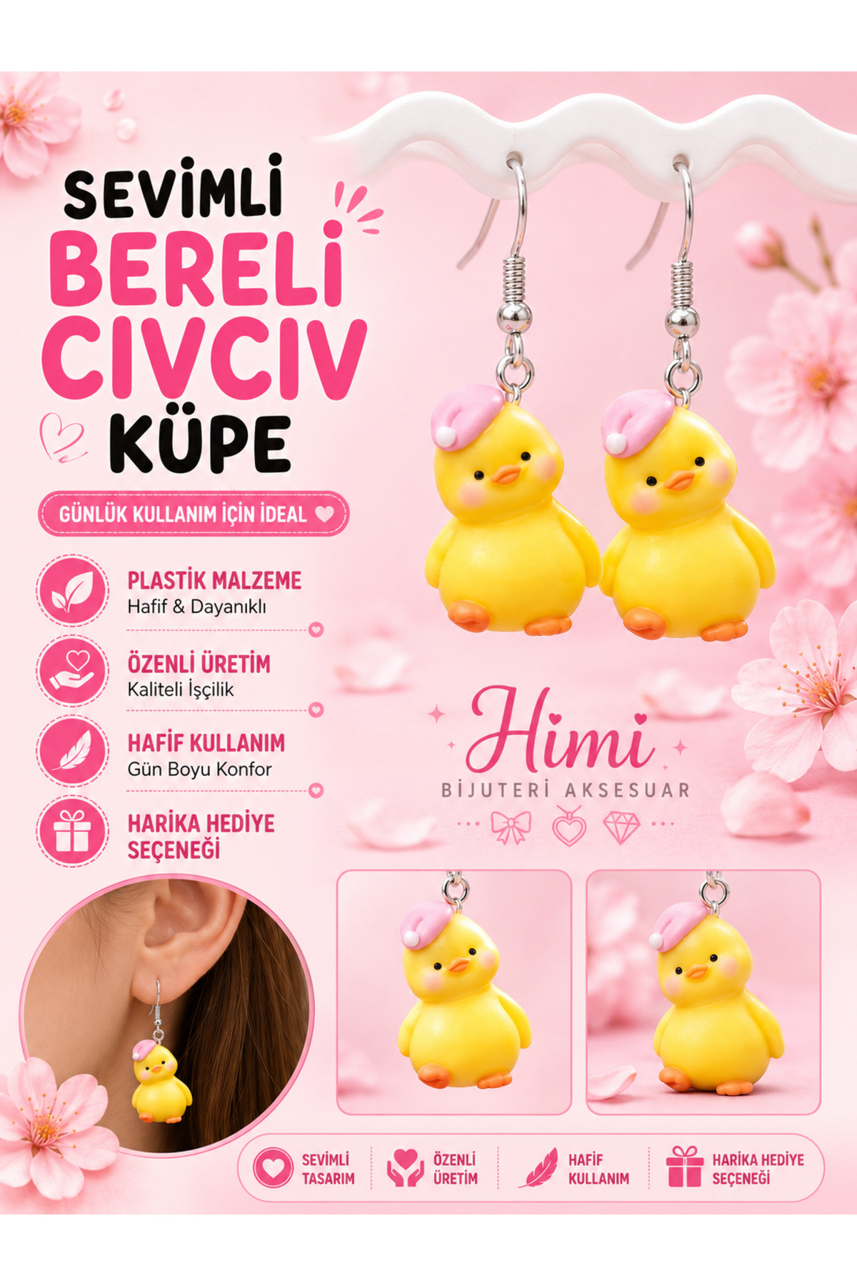 Bereli Civciv Neşeli Sevimli Hayvan Figürlü Sallantılı Küpeler Hafif Tasarım Günlük Kullanım Bijuteri Çocuk Küpesi