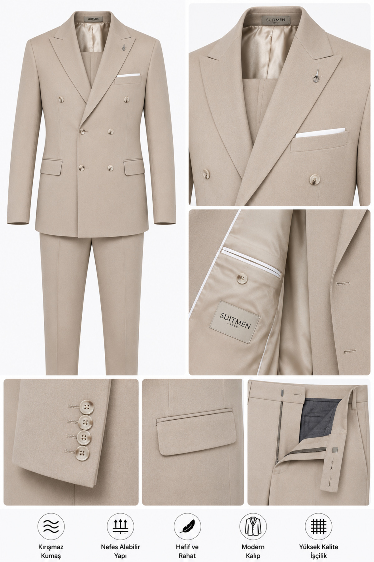 BYMEN ERKEK GİYİM Suitmen Premium Bej Kruvaze Erkek Takım Elbise, Slim Fit, Çift Düğmeli, Klasik Kesim