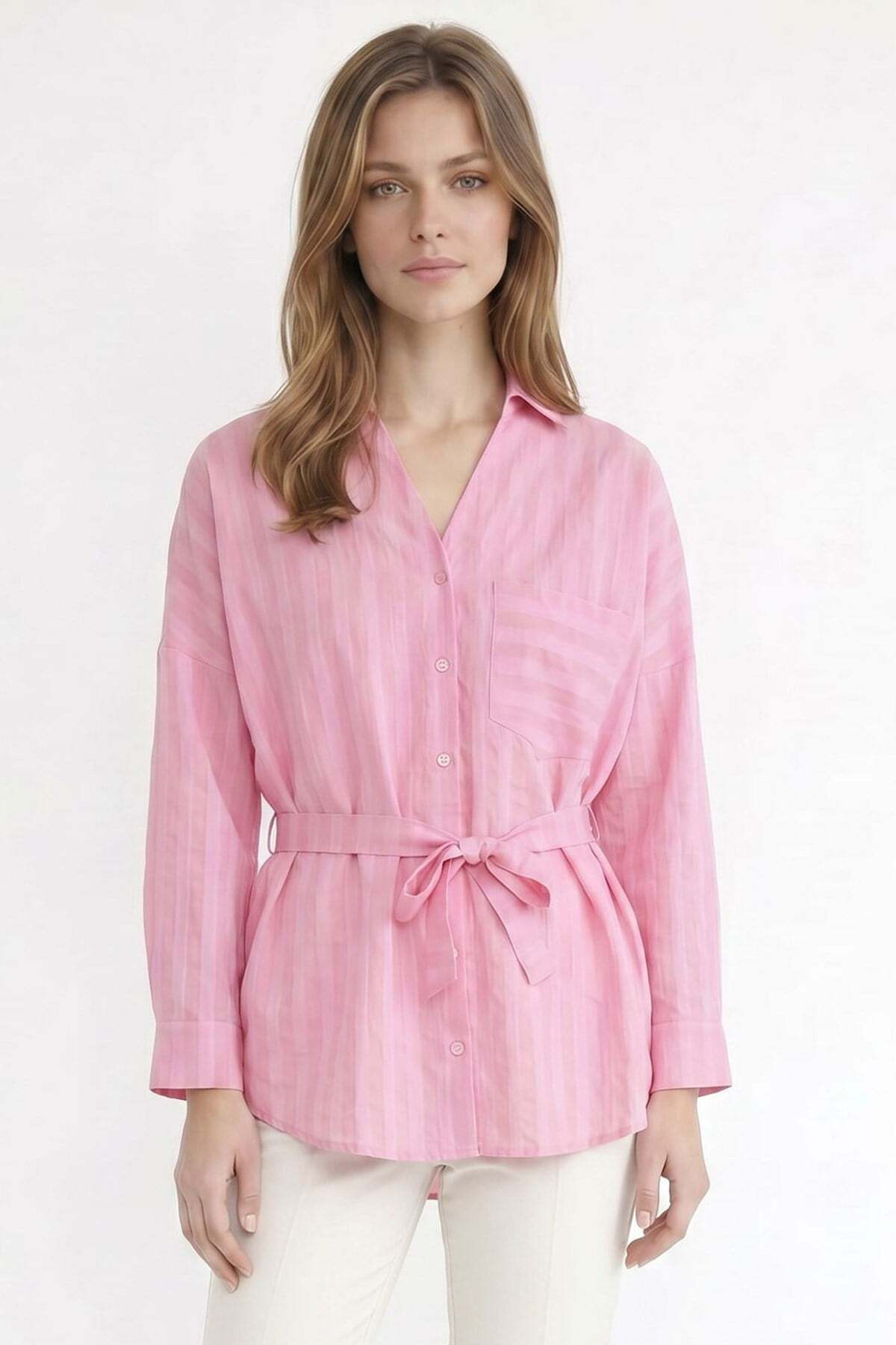 Women's Oversize Wide Cut Long Sleeve Cotton Waist Belted Striped Pocket Pink Shirt