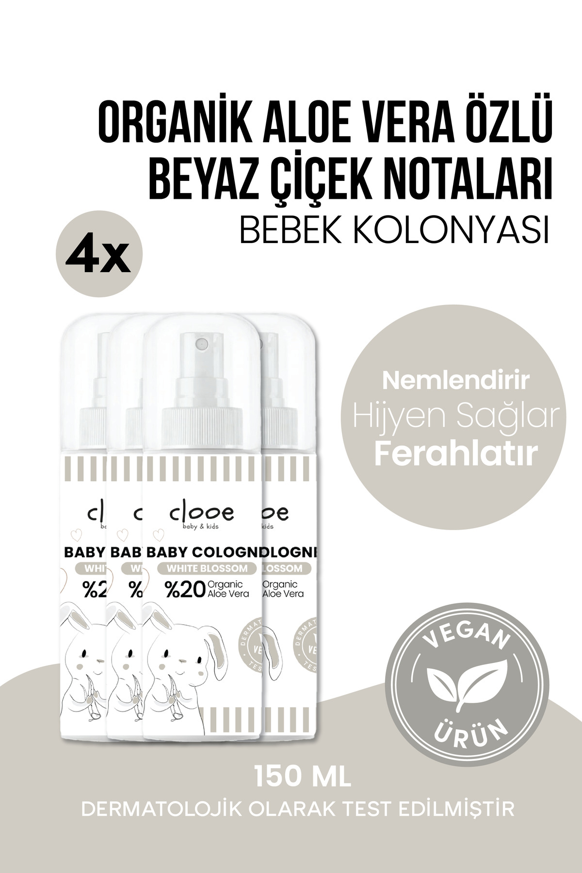 clooe 4'lü Bebek Kolonyası White Blossom 150 ml - Beyaz Çiçek Notalı - Organik Aloe Vera Özlü - Vegan - Hızlı Kuruyan — PKA091