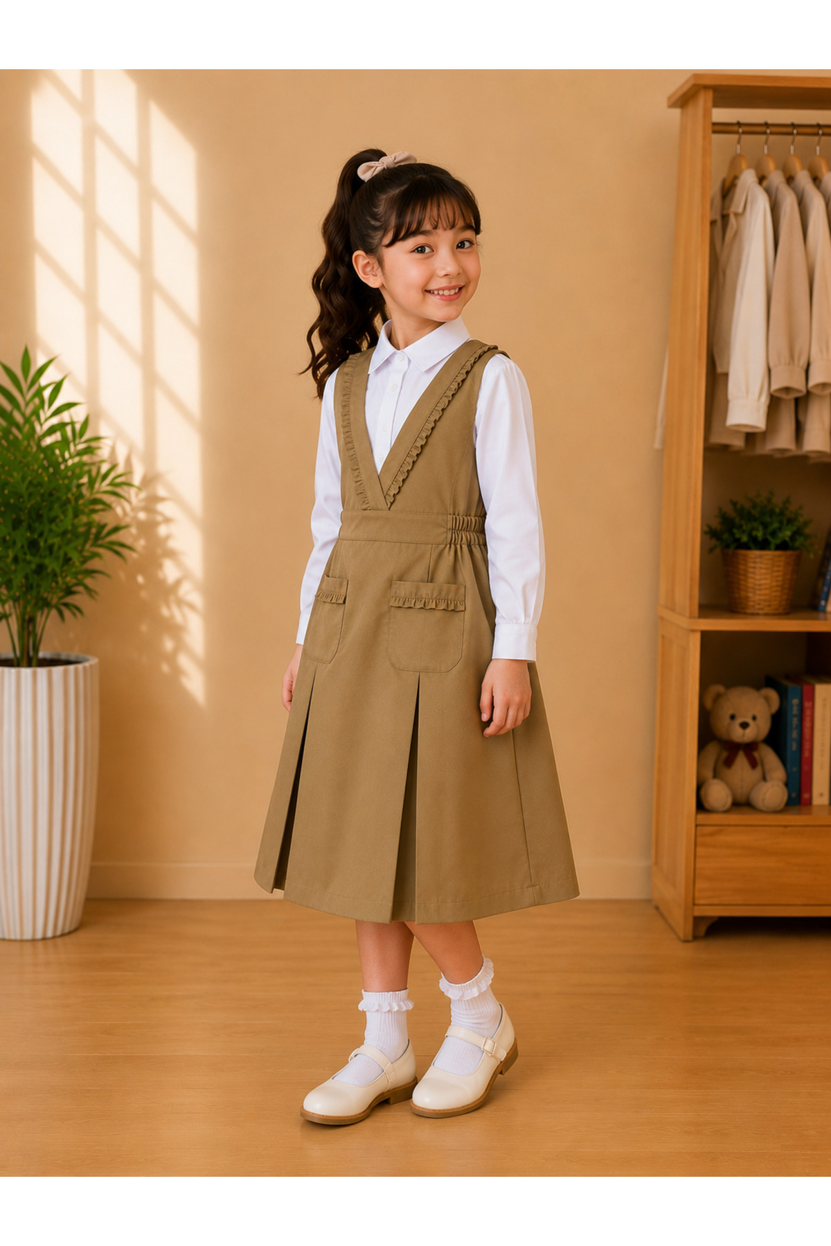 Girls’ Kindergarten Pinafore (مريول روضة) – 2-Piece Set White Shirt + Beige Pinafore