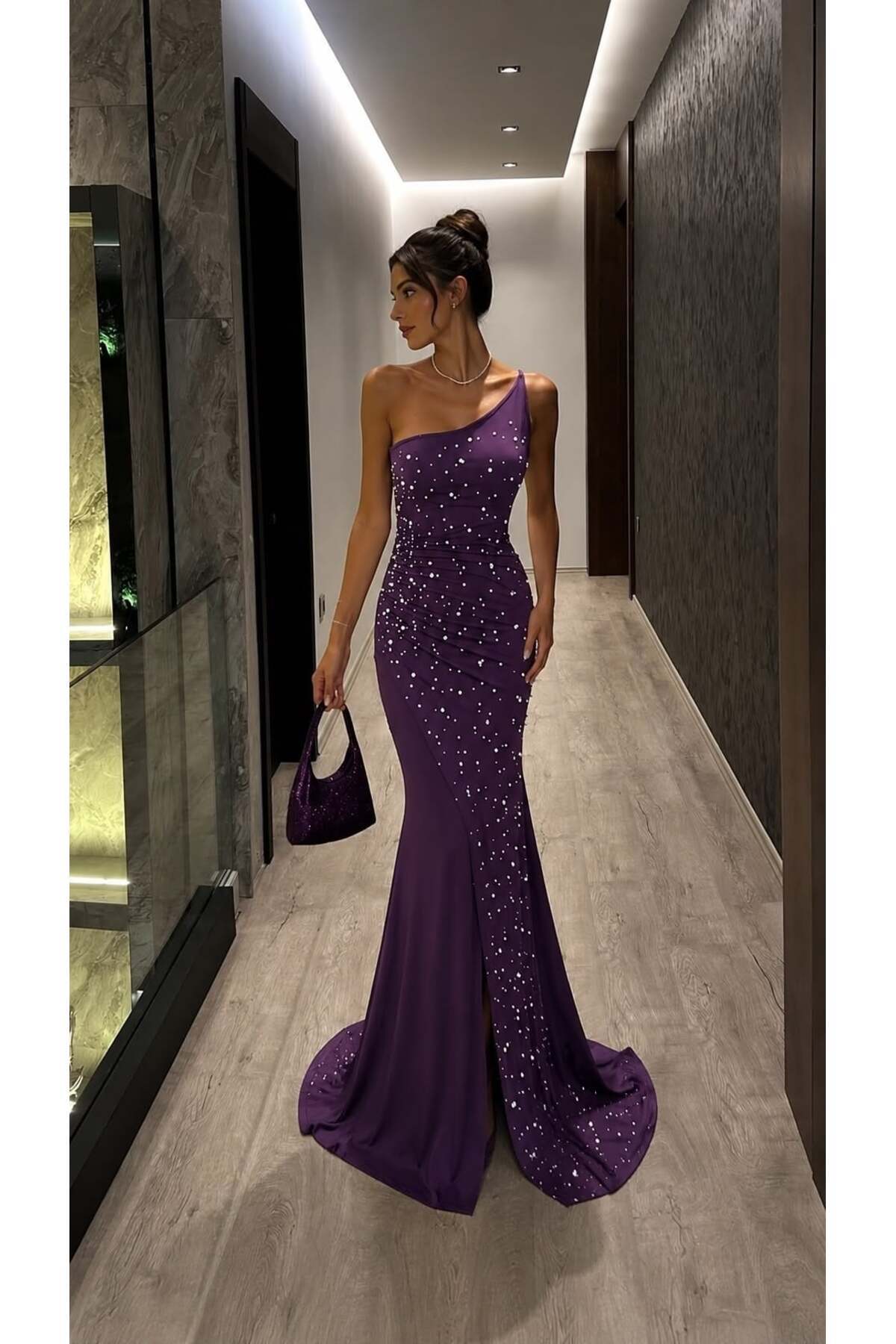 Modafeminen Purple One-Shoulder Stone Detailed Slit Fish Tail Evening Dress 583412