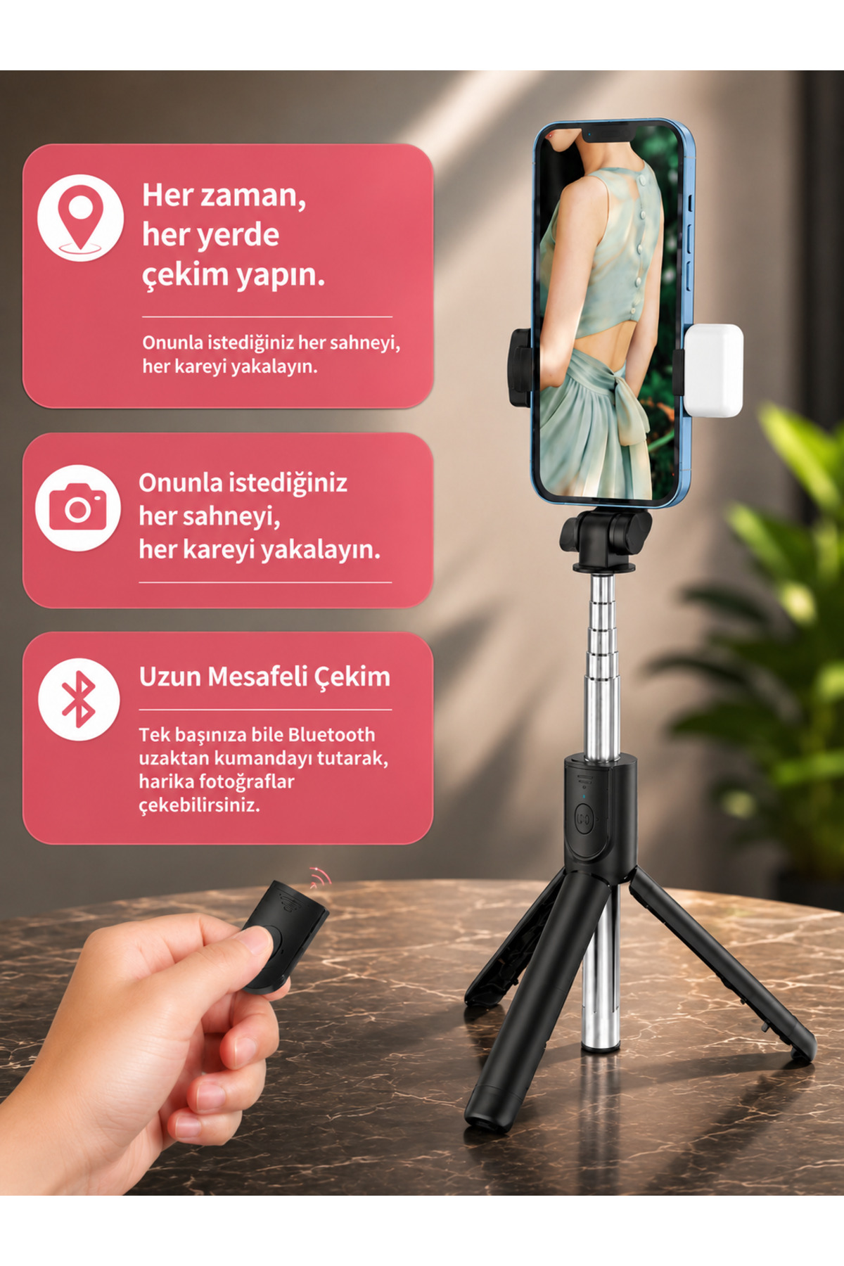 Kablosuz Kumandalı Selfie Çubuğu Led Işıklı Katlanabilr Hafif Kolay Kurulum Taşınabilr Ayaklı Tripod