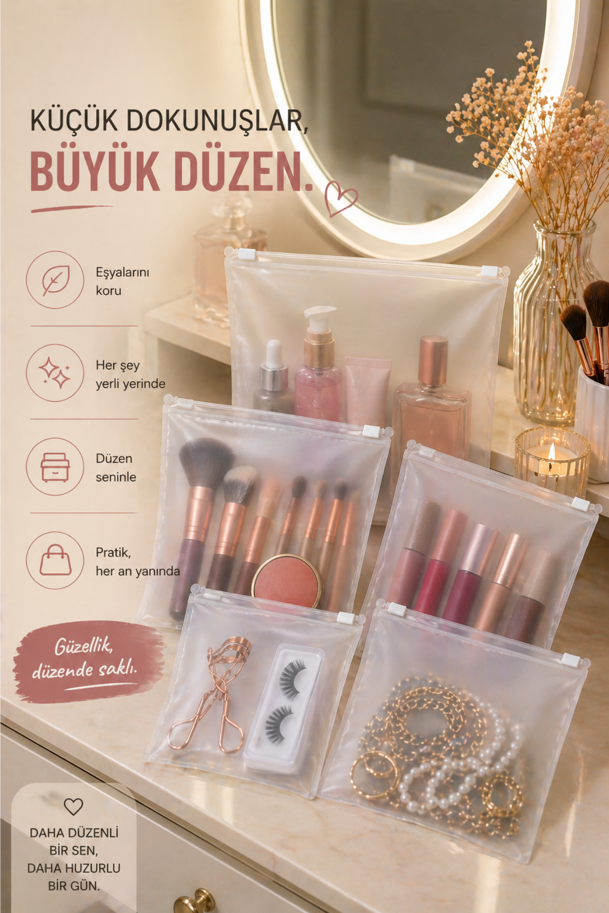 Fermuarlı Organizer 20x20 Cm | 1 Adet | Buzlu Şeffaf Makyaj Çantası, Kozmetik ve Çok Amaçlı Torba — PS-FO-2020-01 — تصویر 8 از 8