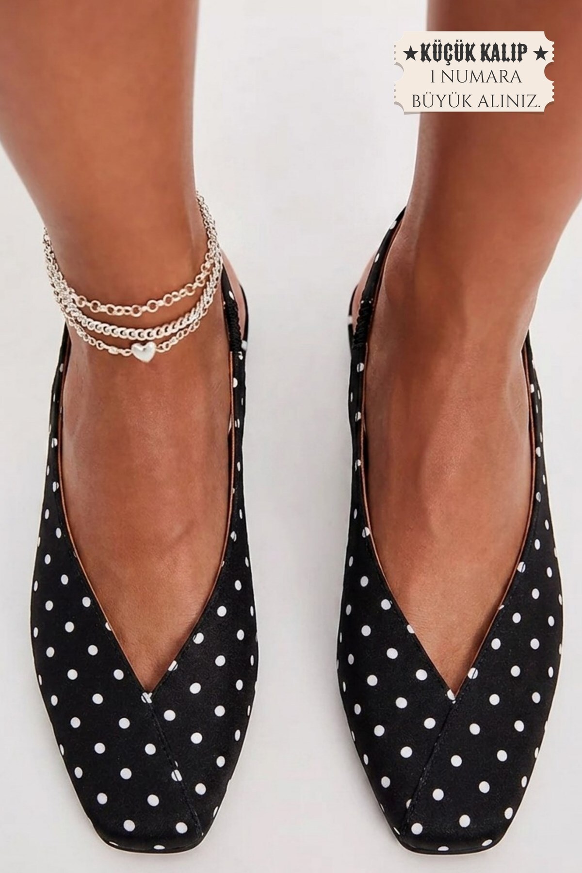 Genel Markalar Siena Kadın Siyah Beyaz Puantiyeli Kare Burun Babet Slingback görsel 2
