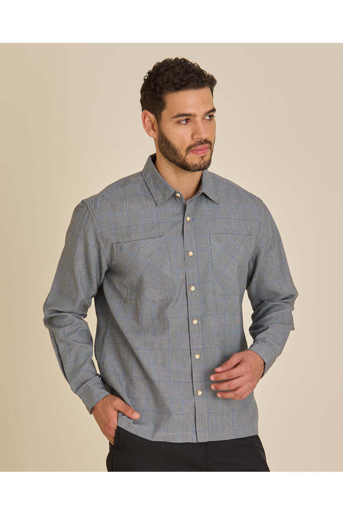 REDTAG Men Charcoal Western Pocket Poplin Shirt