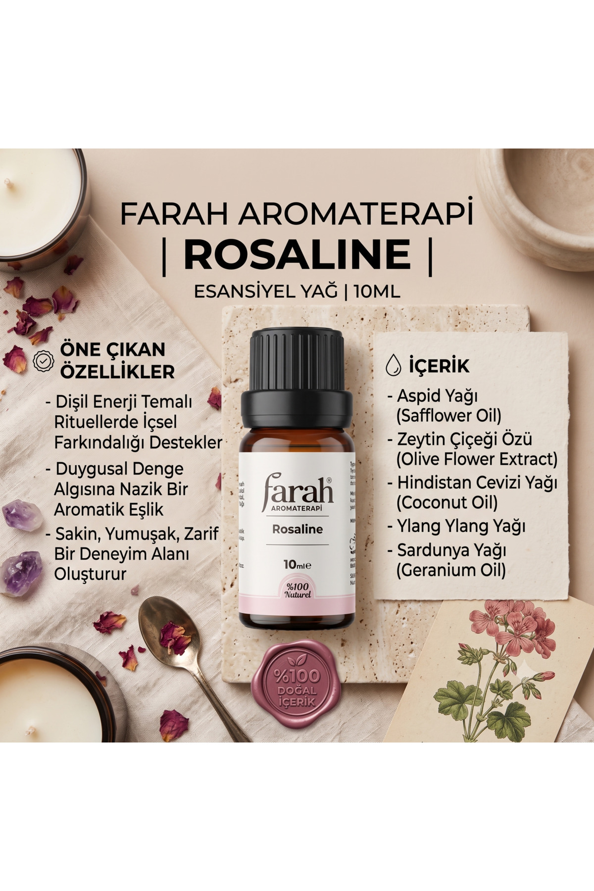 Farah Aromaterapi Rosaline %100 Doğal Uçucu Yağ Karışımı 10 ml - Dişil ...